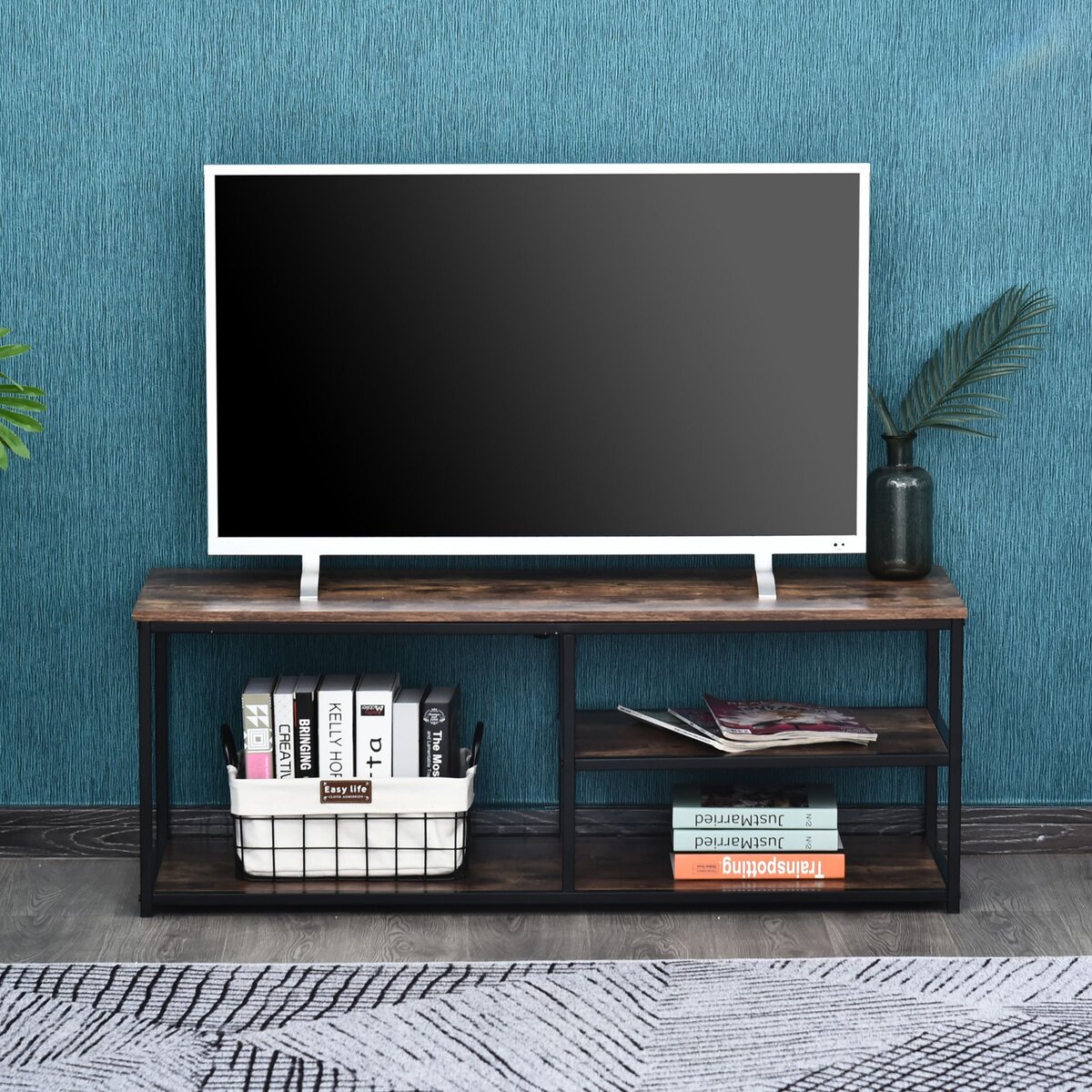 HOMCOM Meuble TV design industriel dim. 120L x 40l x 45H cm grand plateau 2 étagères panneaux particules coloris boisé métal noir