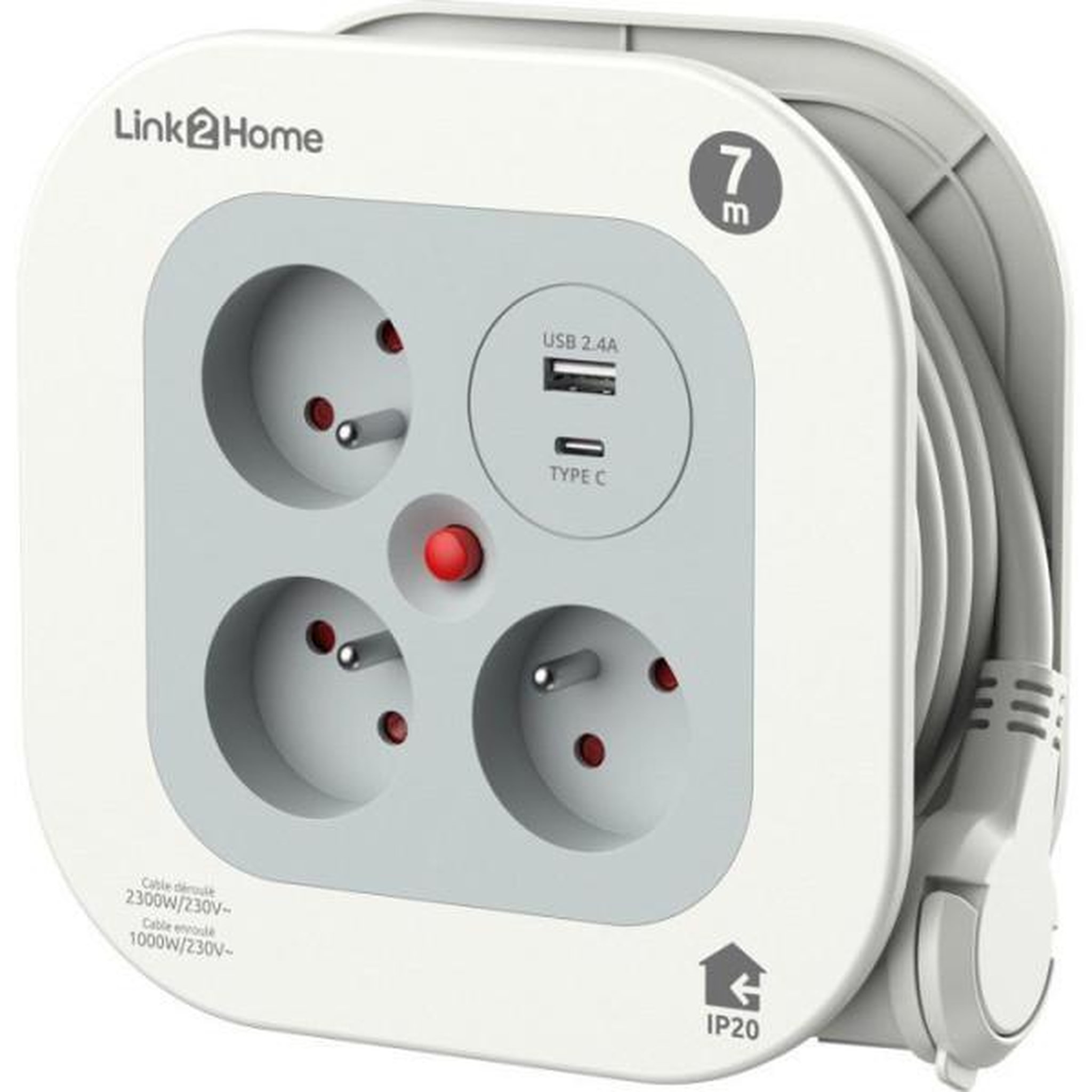 Voir la diapositive 4 : LINK2HOME Enrouleur multiprise compact - link2home - 3 prises + usb a+c - 3000w déroulé / 1000w enroulé - câble 7 m