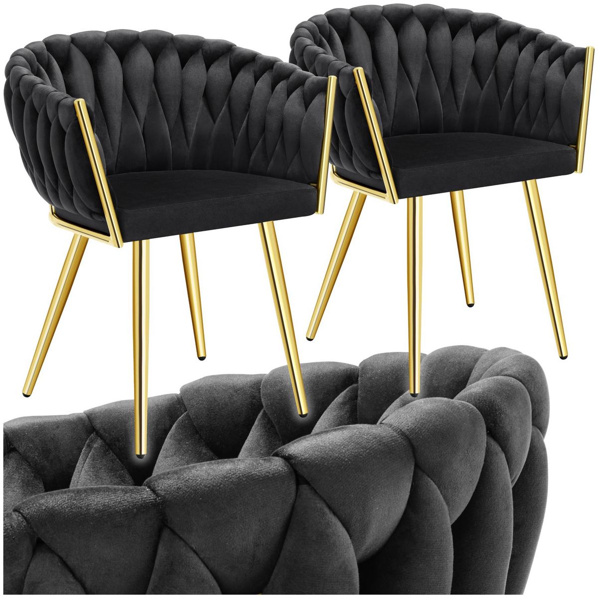 tectake Lot de chaises de salle à manger rembourrée avec revêtement en velours et design noué noir/or Lot de 2