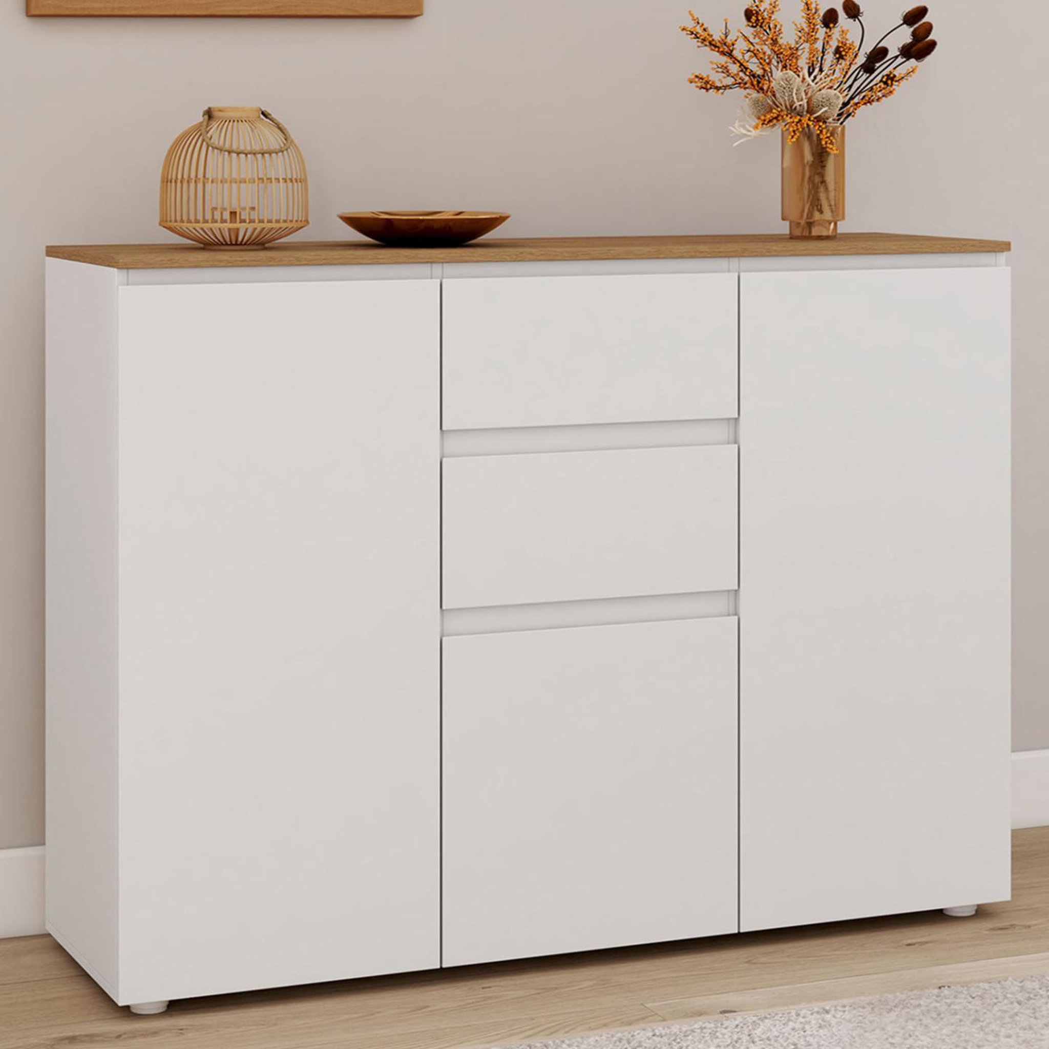 Voir la diapositive 2 : ID MARKET Buffet 100 cm toby 3 portes 2 tiroirs blanc et plateau bois