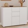Voir la diapositive 2 : ID MARKET Buffet 100 cm TOBY 3 portes 2 tiroirs blanc et plateau bois