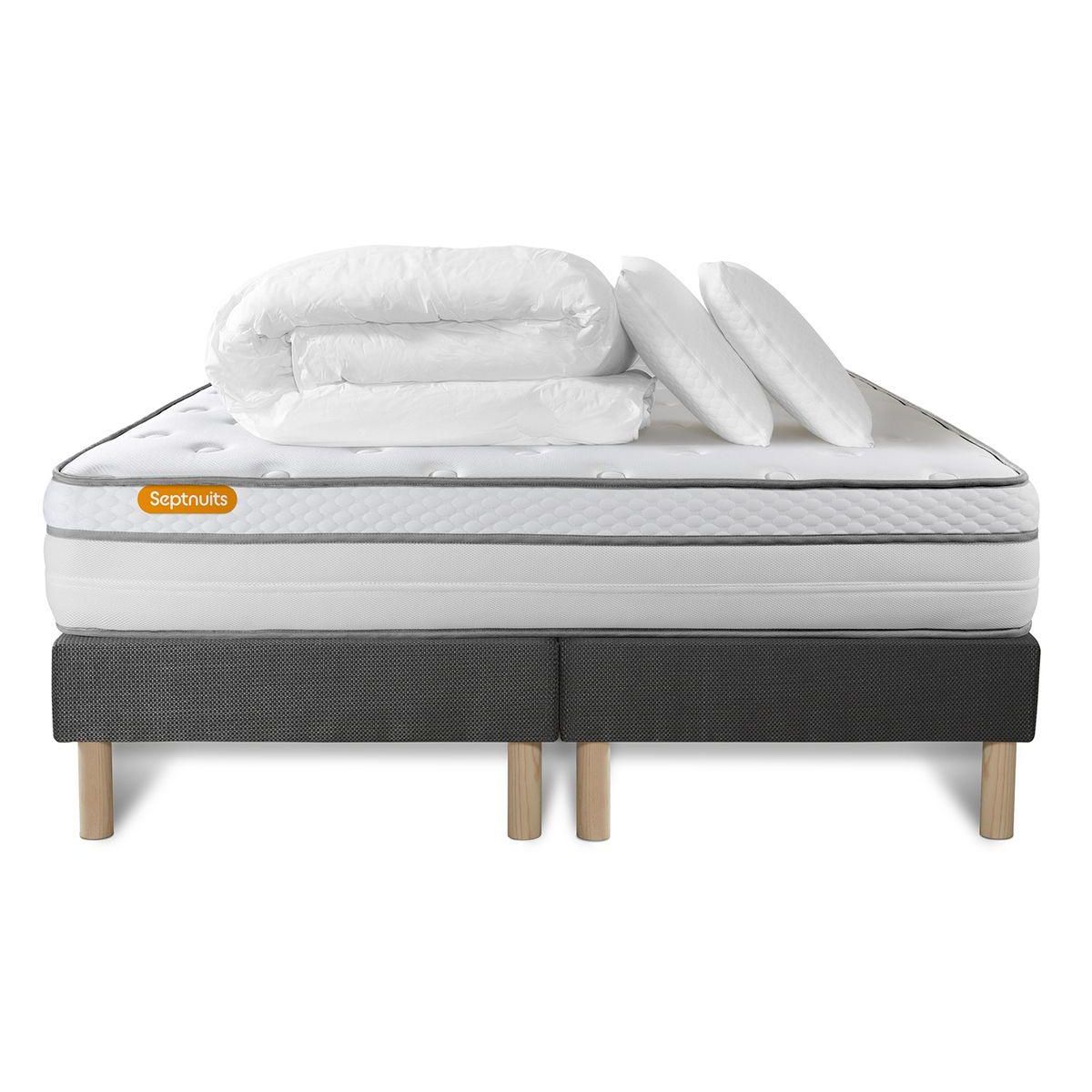 SEPTNUITS Pack matelas + double sommiers gris  Memo Luxe Ressorts ensachés + mémoire de forme 5 zones de confort