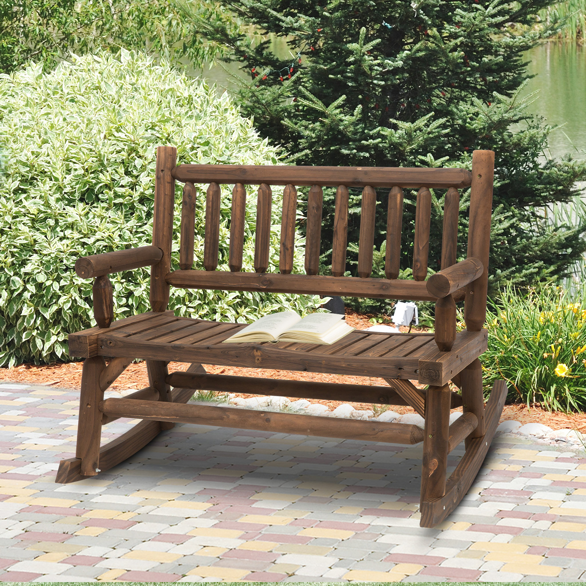 Voir la diapositive 2 : OUTSUNNY Banc à bascule de jardin 2 places style rural chic structure dossier accoudoirs aspect rondins de bois assise à lattes sapin traité carbonisation