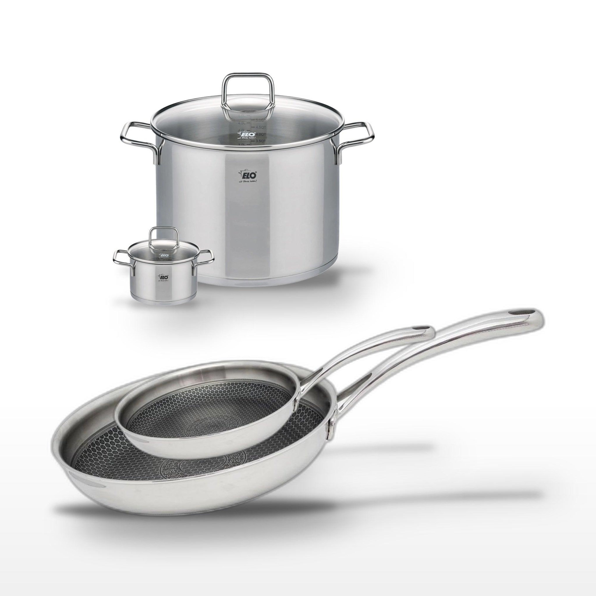 ELO Lot de 2 poêles en inox 24/28cm elo relief evolution et 2 faitouts elo