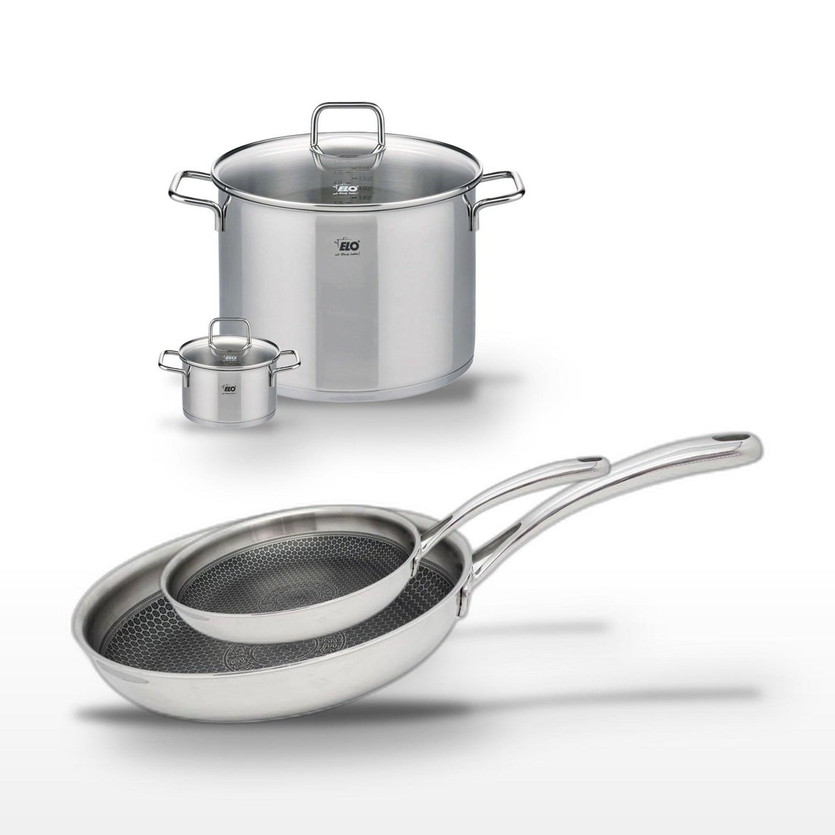 ELO Lot de 2 Poêles en inox 24/28cm Elo Relief Evolution et 2 Faitouts Elo