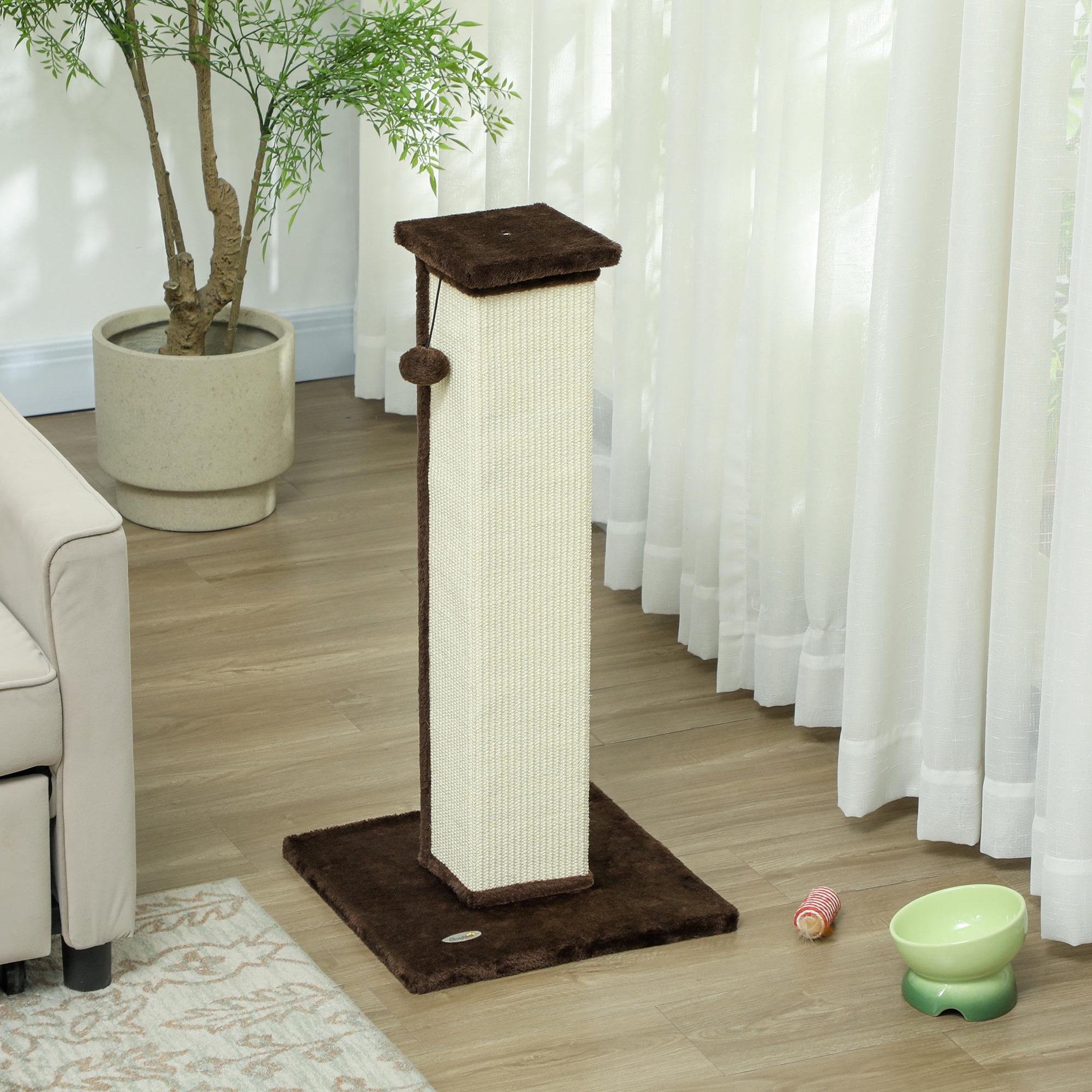 Voir la diapositive 2 : PAWHUT Griffoir tour pour chat h.81 cm - poteau à griffer avec jeu balle suspendue - peluche gris sisal naturel