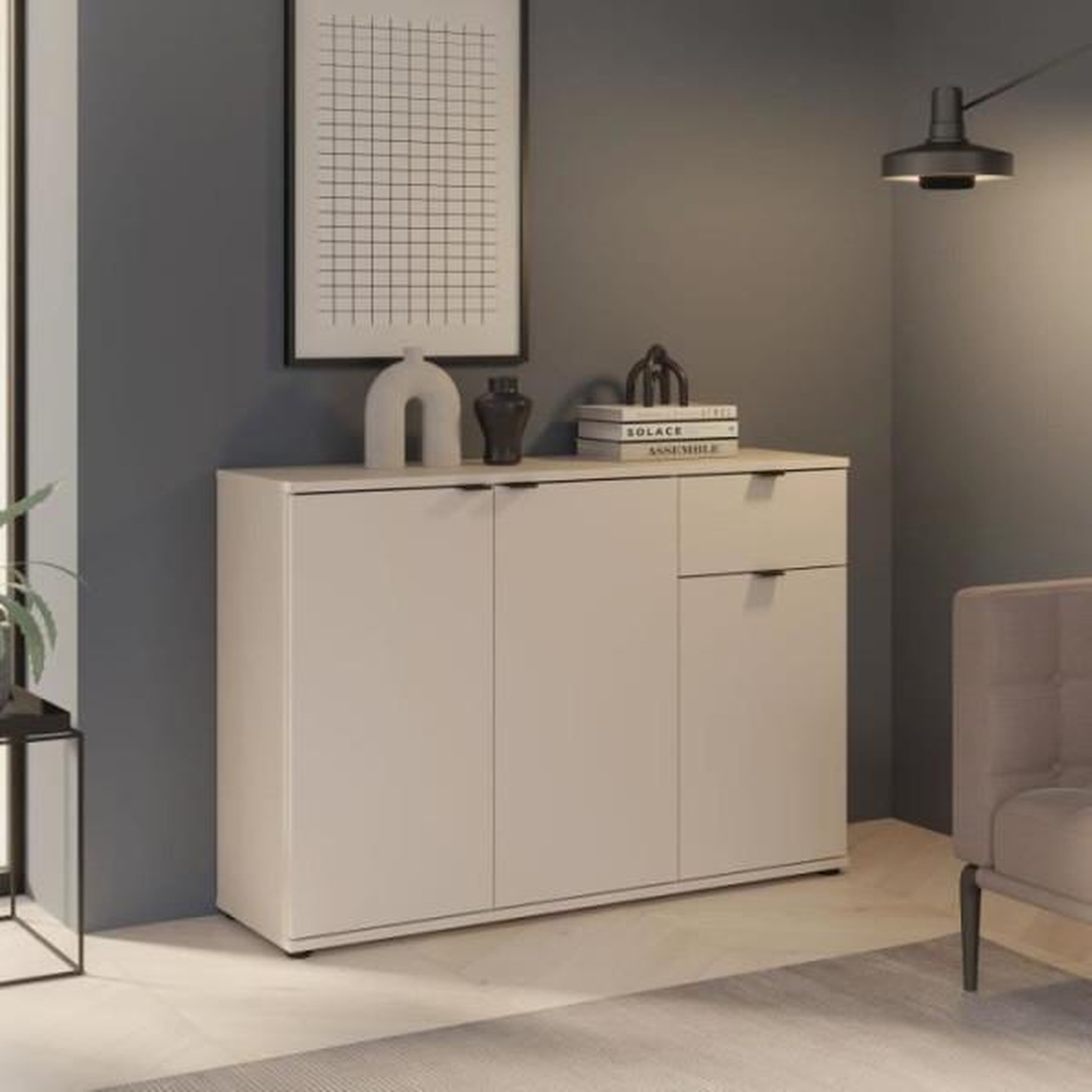 Voir la diapositive 2 : MARKET24 Commode - GANYMEDE - 3 portes - 1 tiroir - Sable - 119,8 x 34,1 x 82,3 cm