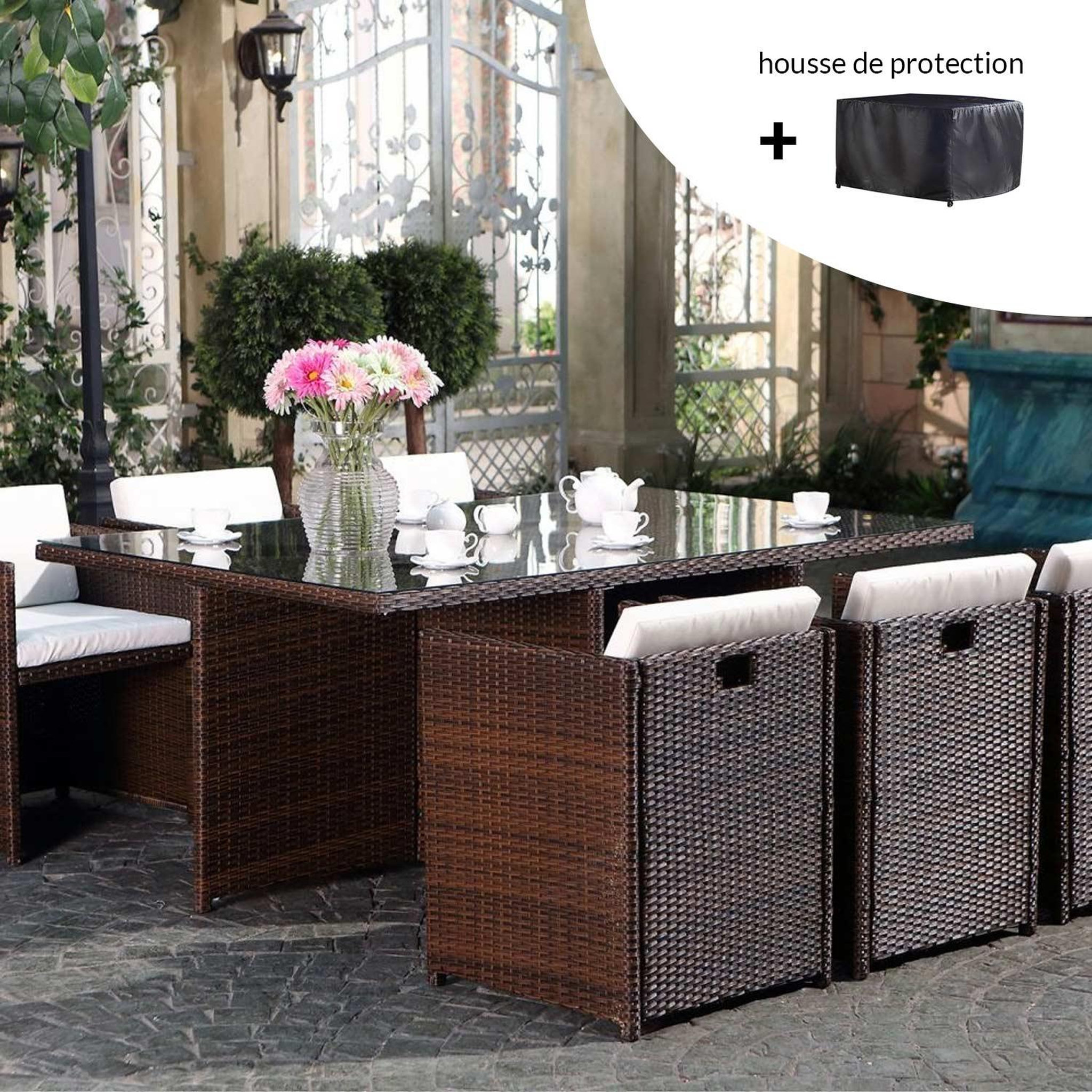 Voir la diapositive 2 : CONCEPT USINE Salon de jardin 6 places marron-blanc + housse de protection miami