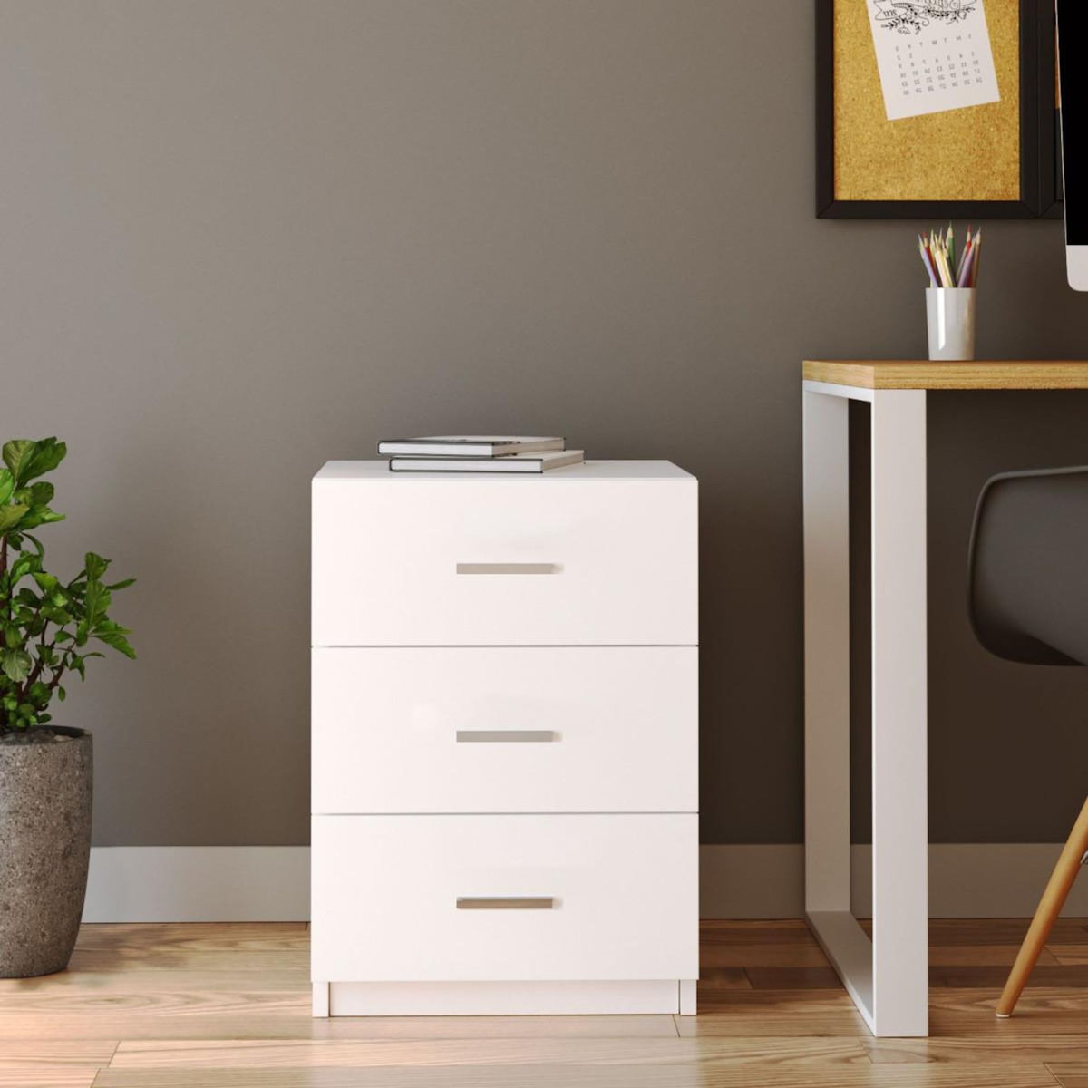 Paris Prix Table de Chevet 3 Tiroirs  Pearlie  61cm Blanc