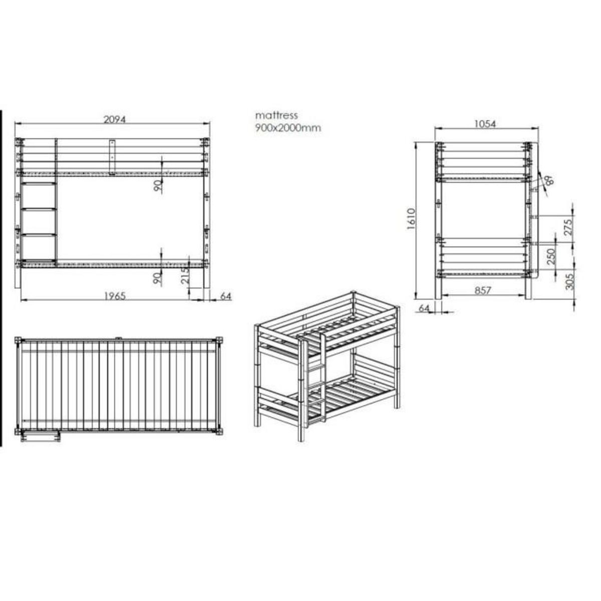 Paris Prix Pack - Lit Superposé Enfant & 2 Tiroirs  Pino  90x200cm Naturel