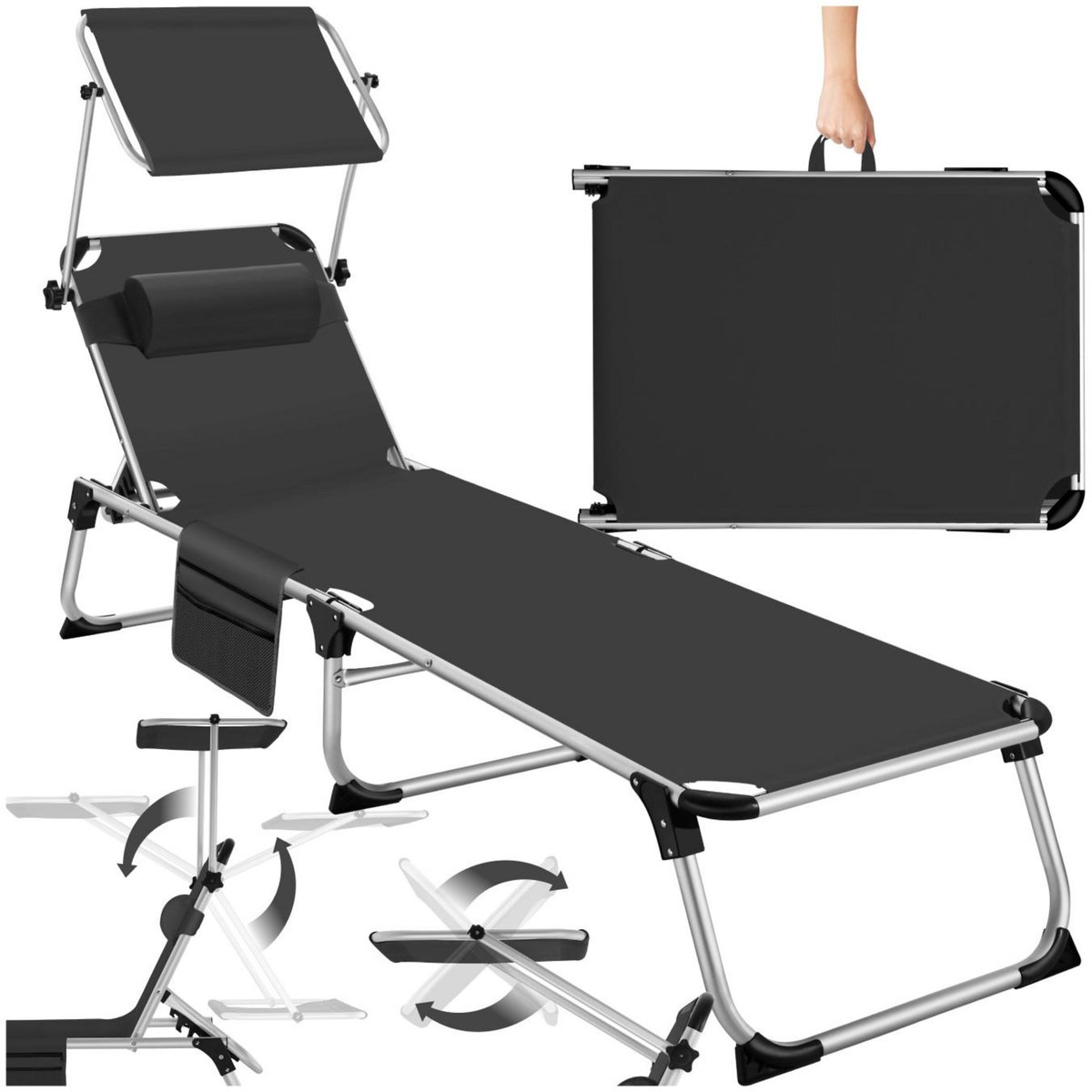 tectake Bain de soleil pliable avec oreiller noir