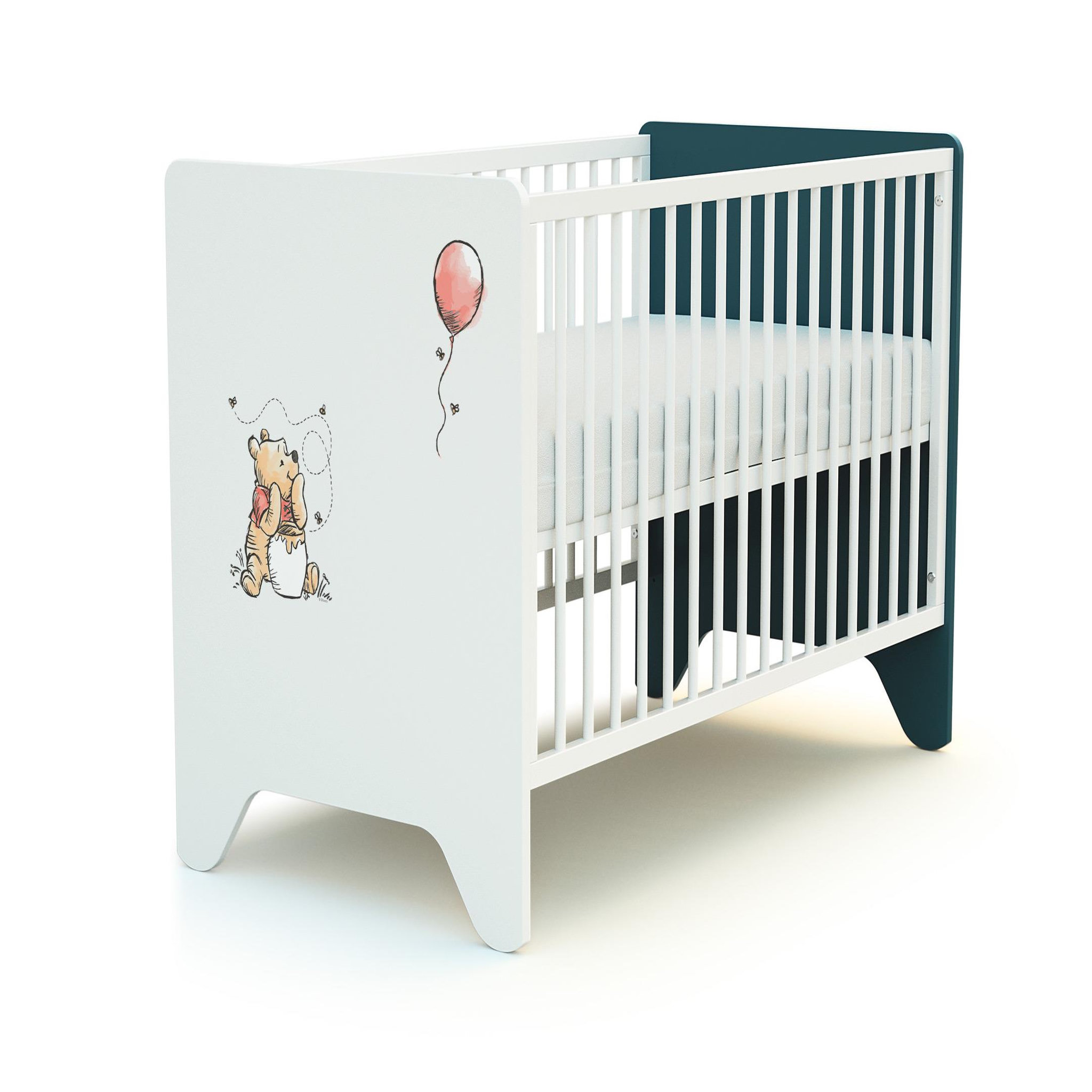 Voir la diapositive 4 : AT4 Ensemble lit bébé 60x120 cm et commode à langer 3 tiroirs WINNIE BALLON DISNEY Bleu canard