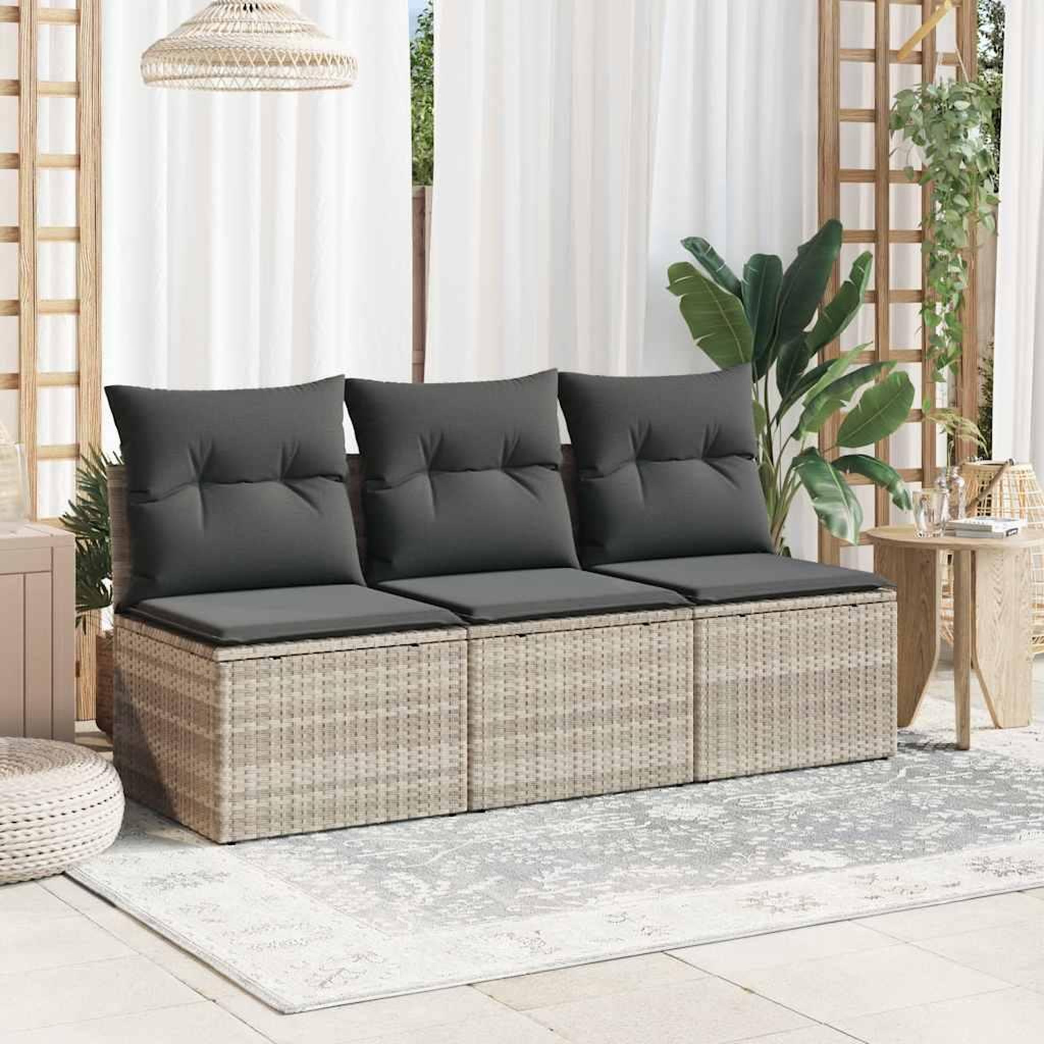 Voir la diapositive 3 : VIDAXL Canape de jardin et coussins 3 places gris clair resine tressee