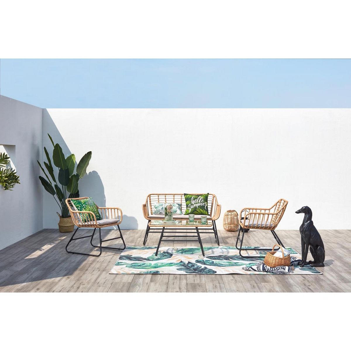 CONCEPT USINE Salon de jardin 4 places en rotin et acier beige et noir PAREA