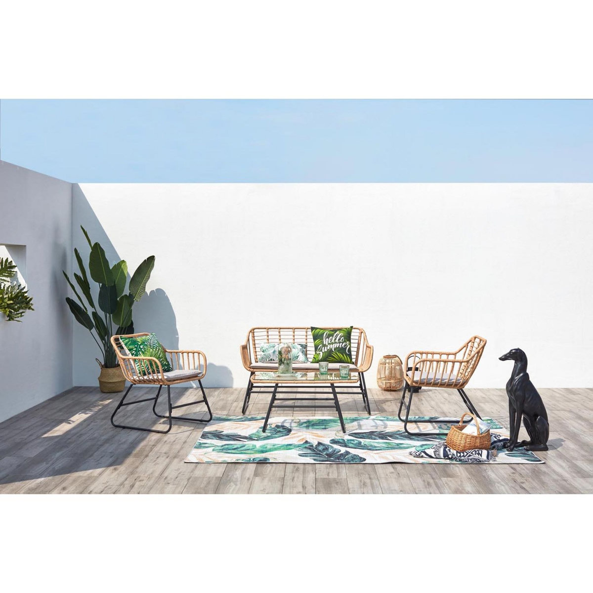 CONCEPT USINE Salon de jardin 4 places en rotin et acier beige et noir PAREA