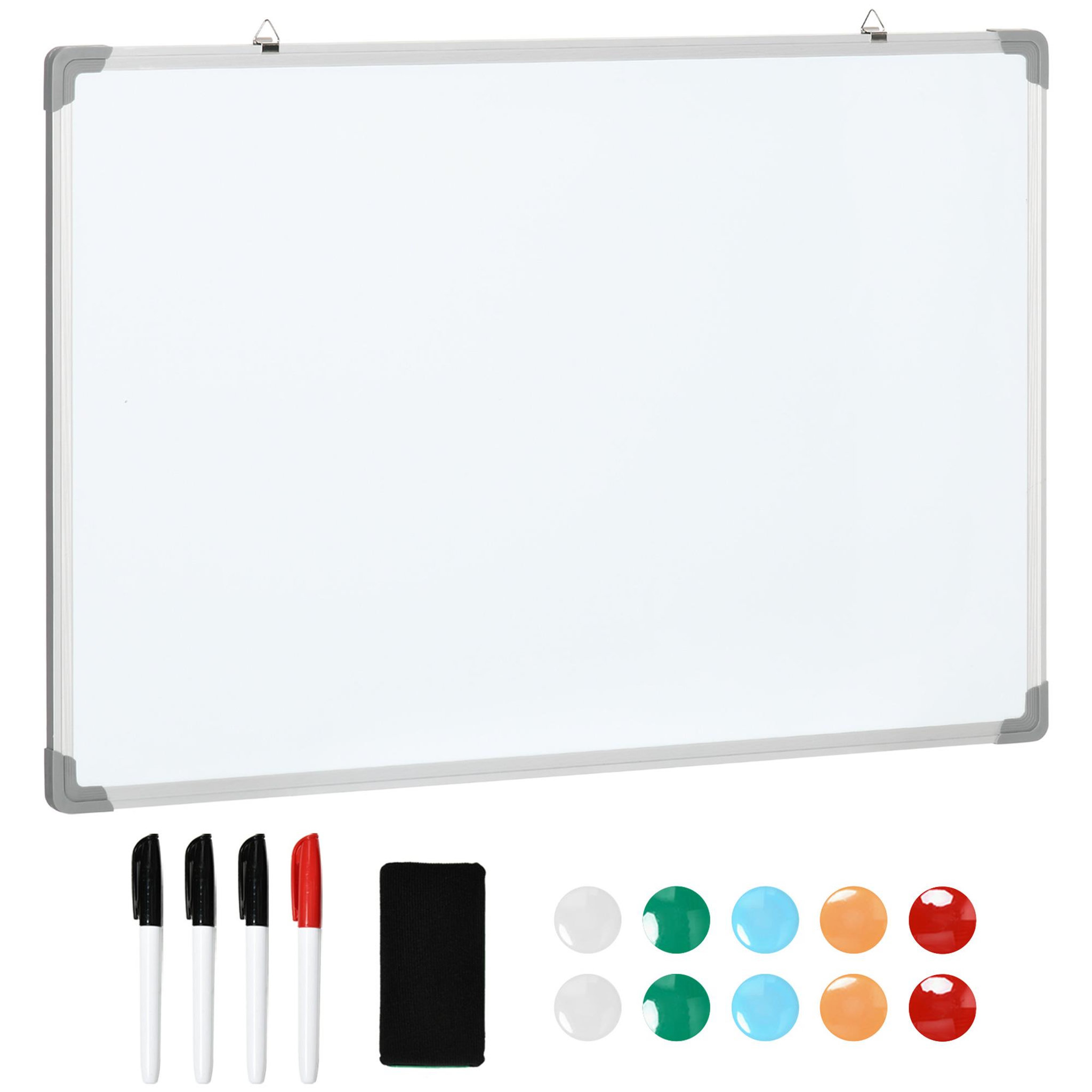 Voir la diapositive 1 : HOMCOM Tableau blanc aimanté magnétique dim. 90L x 60H cm nombreux accessoires inclus cadre aluminium