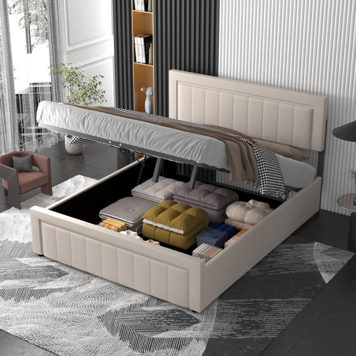 CONCEPT USINE Lit contemporain avec coffre de rangement 140x190cm en velours beige NASHVILLE