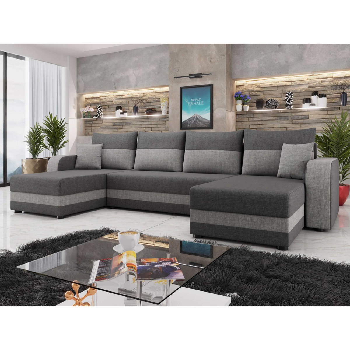 BEST MOBILIER Harvey - canapé panoramique en u 7 places convertible avec coffre en tissu bicolore
