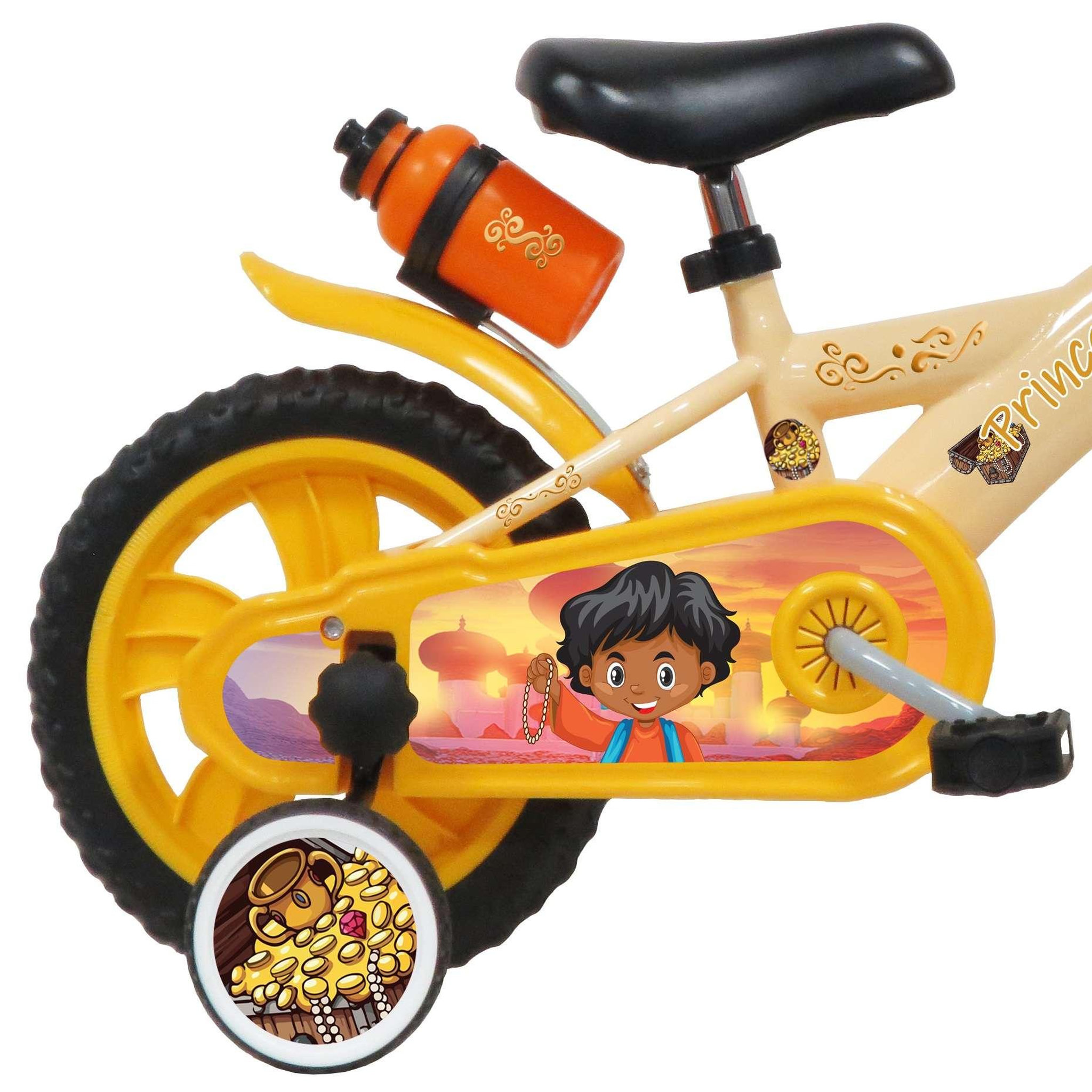 Voir la diapositive 2 : Vélo enfant - Modèle 12 Prince des sables pour enfant de 85/100 cm avec stabilisateurs - Plaque décorative - Porte bidon - 1 frein