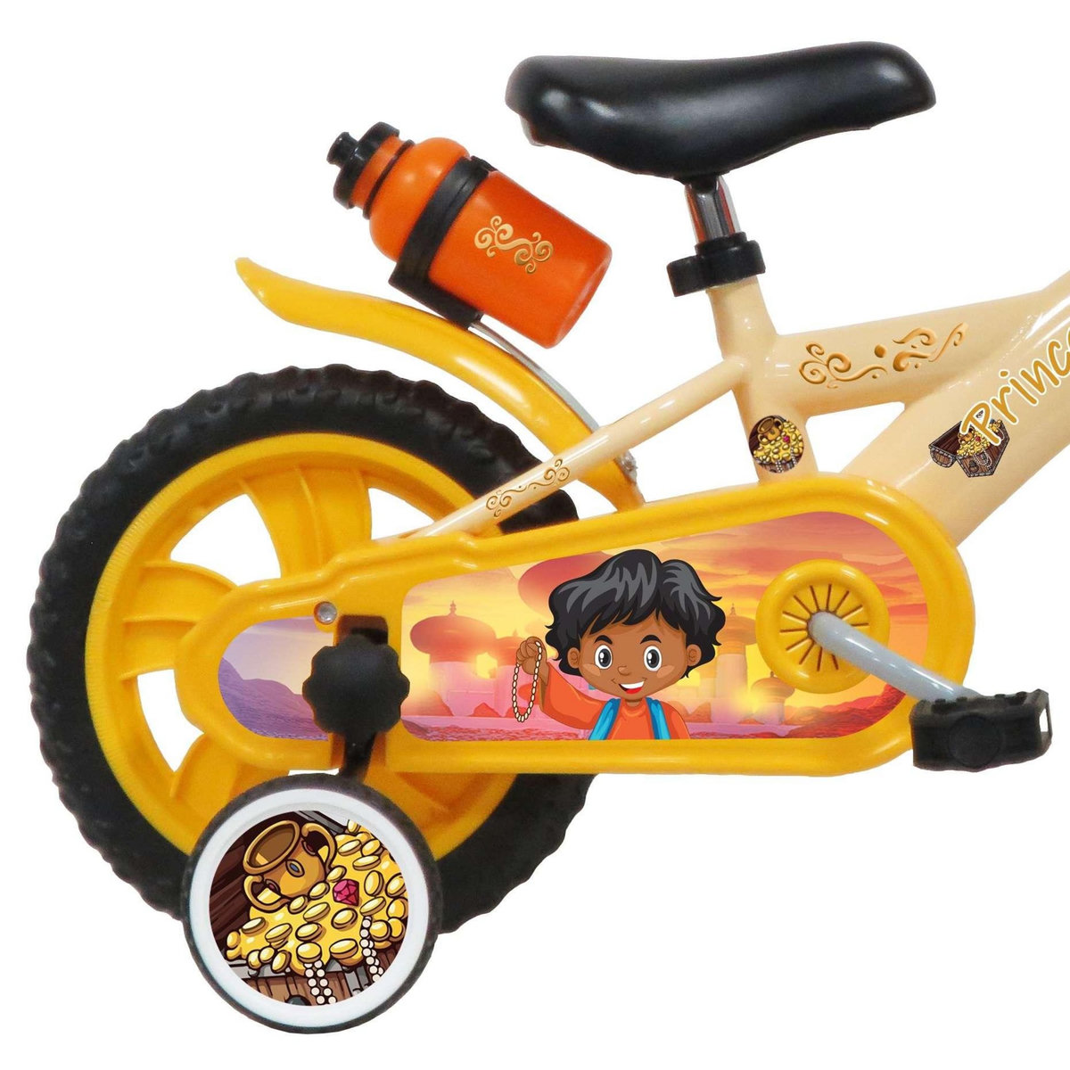 Vélo enfant - Modèle 12 Prince des sables pour enfant de 85/100 cm avec stabilisateurs - Plaque décorative - Porte bidon - 1 frein