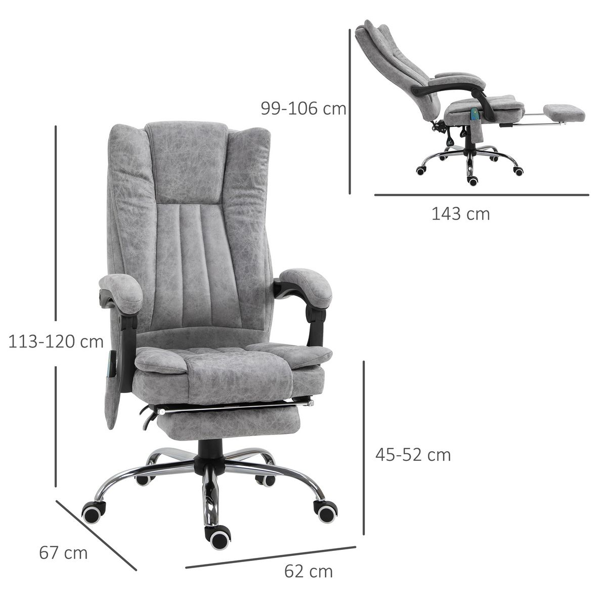 HOMCOM Fauteuil de bureau direction massant chauffant hauteur réglable dossier inclinable repose-pied revêtement synthétique gris