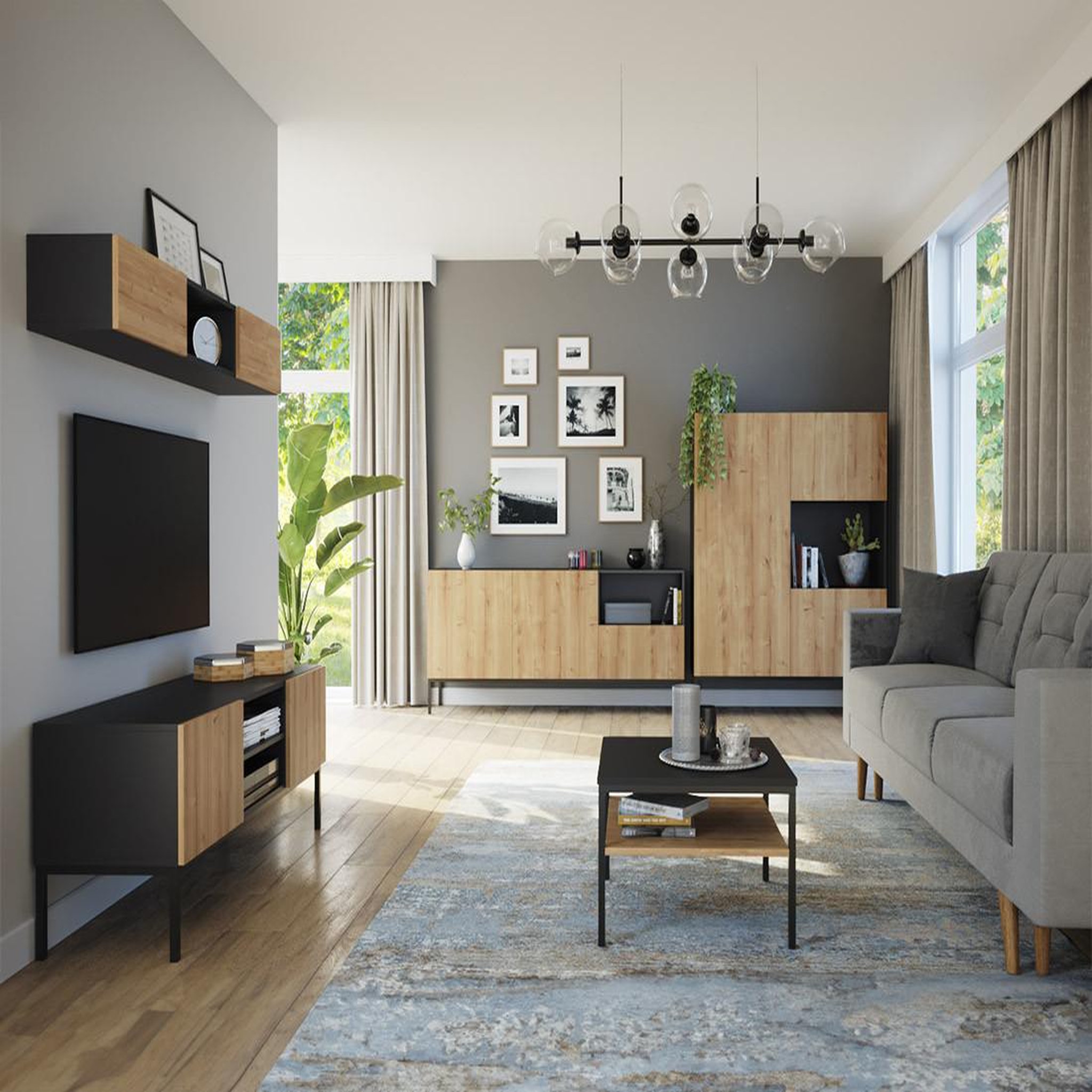 Voir la diapositive 4 : BEST MOBILIER Felicia - meuble tv - effet bois et noir - 2 portes et 2 niches - 120 cm