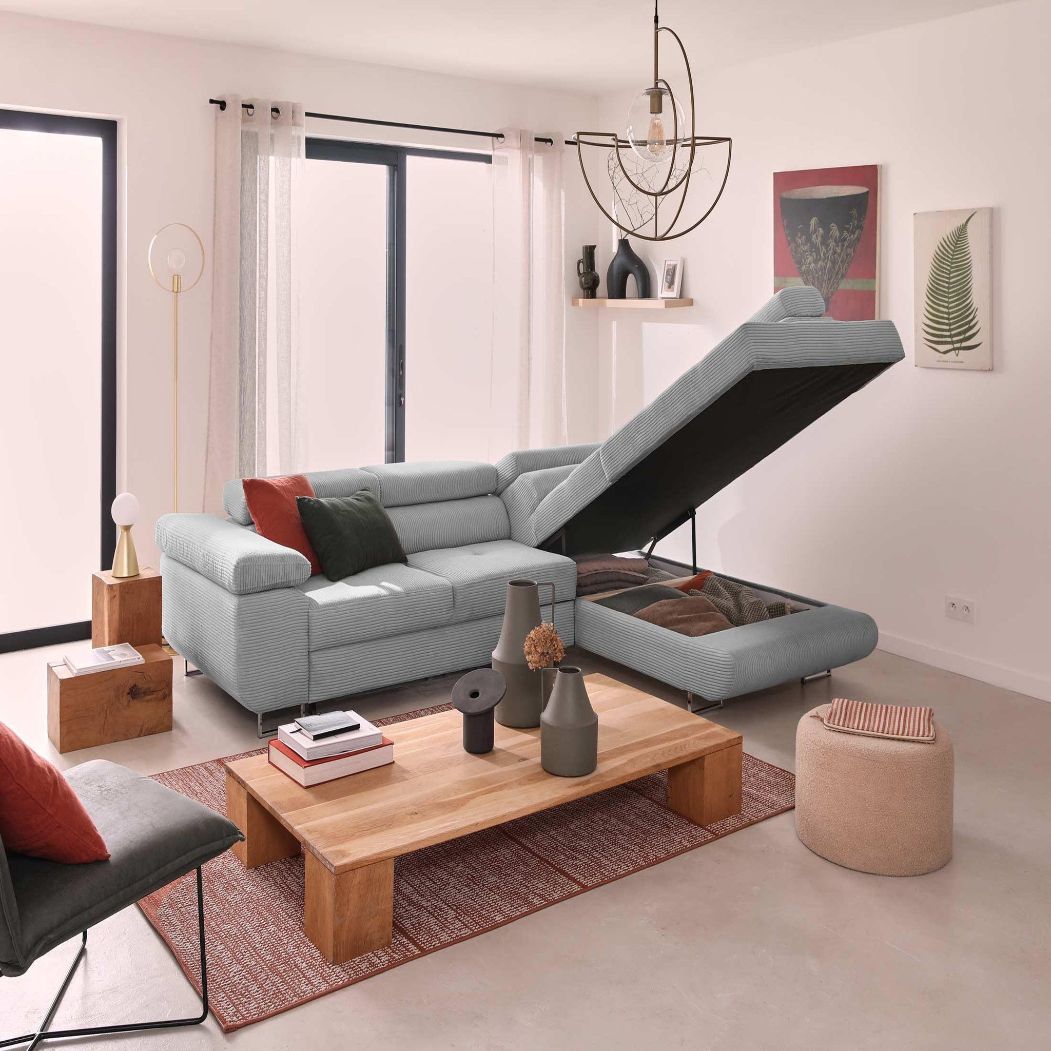 Voir la diapositive 3 : BEST MOBILIER Zaria - canapé d'angle droit - convertible avec coffre et têtières réglables - 5 places - en velours côtelé