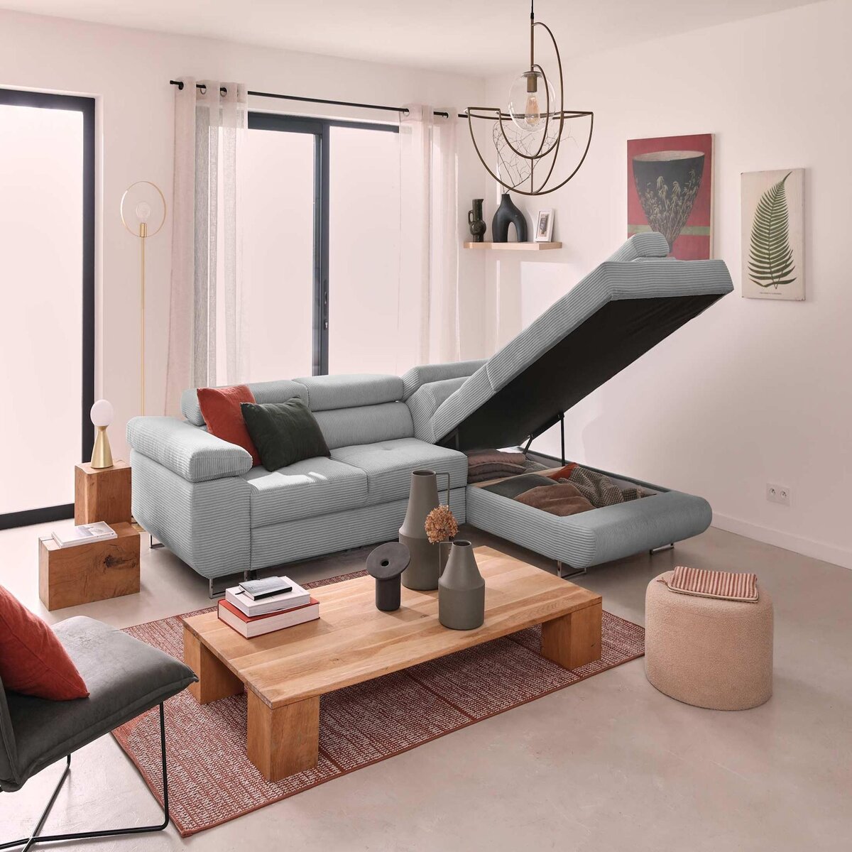 BEST MOBILIER Zaria - canapé d'angle droit - convertible avec coffre et têtières réglables - 5 places - en velours côtelé