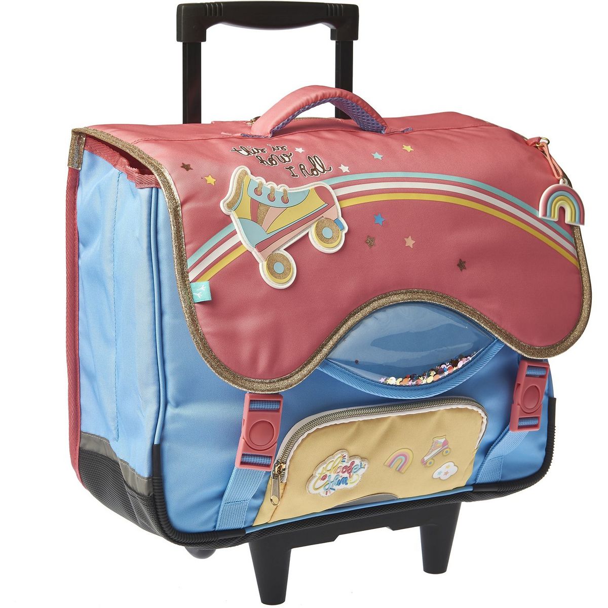 AUCHAN Cartable à roulettes rose et bleu ARC EN CIEL