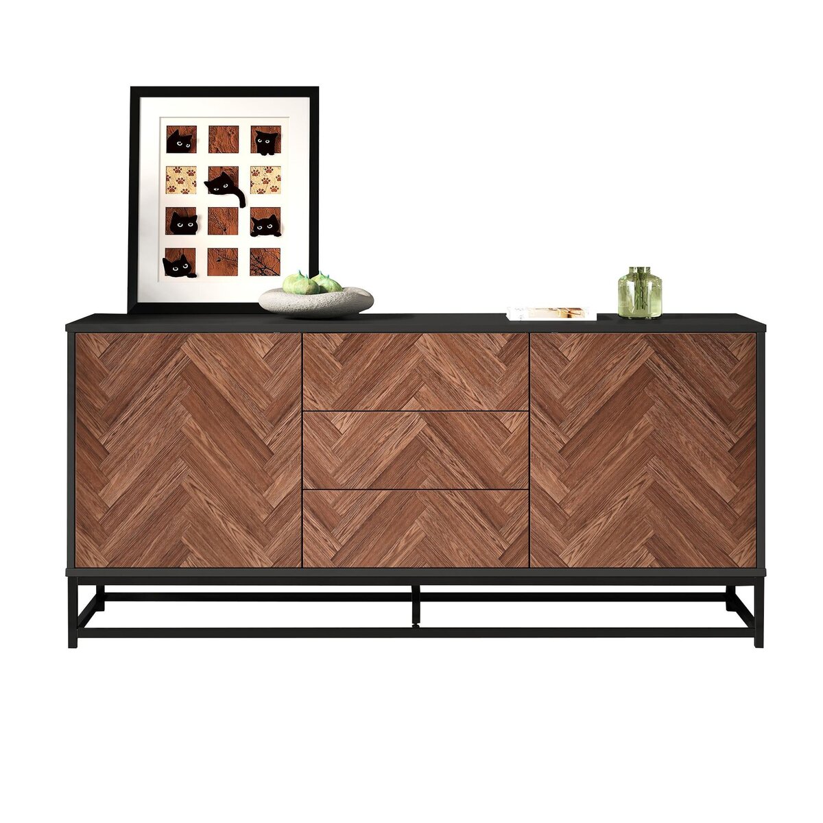 MERAX Buffet 2 porte(s) 3 tiroir(s) - 145 cm noir+naturel panneau de particules