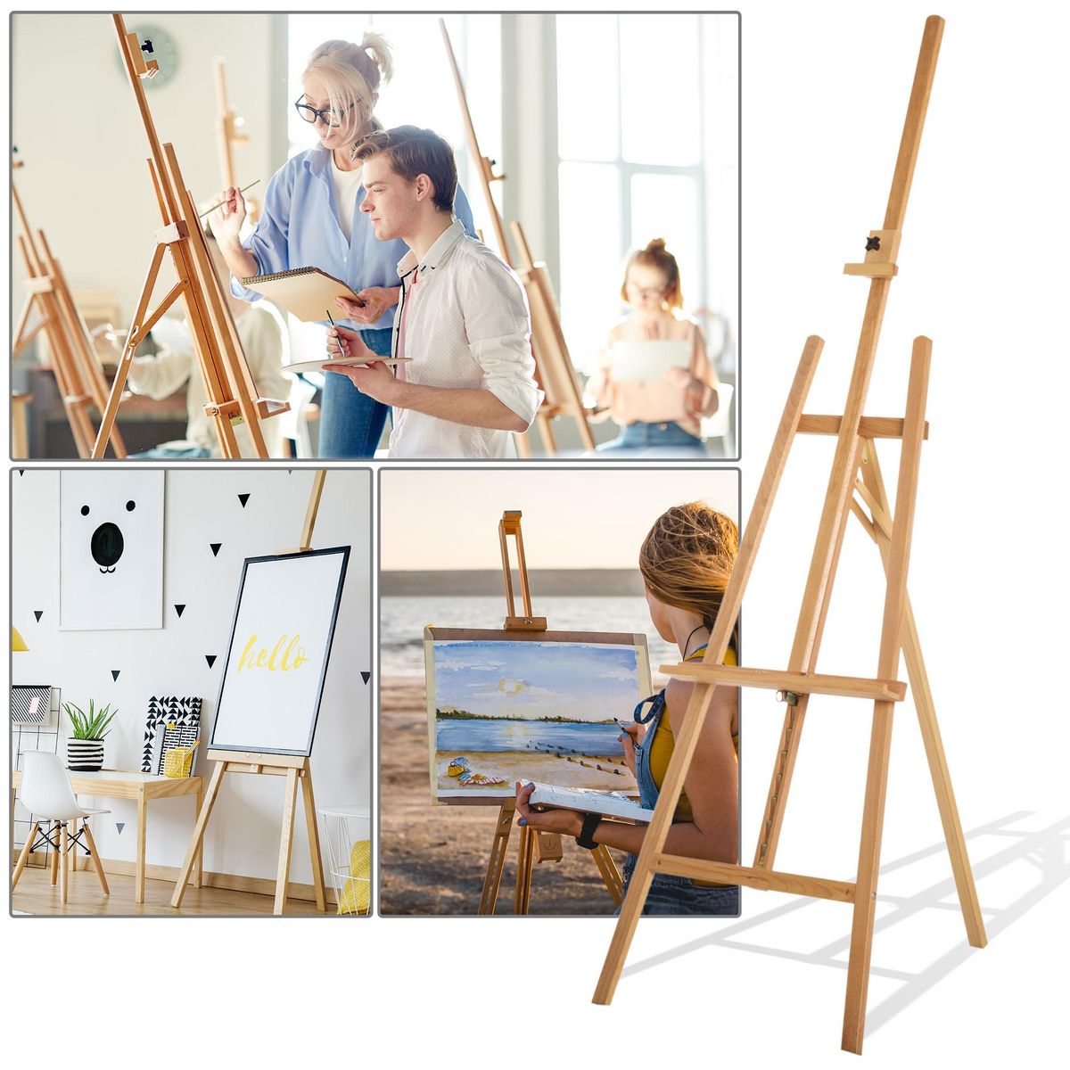 HOMCOM Chevalet d'artiste sur pieds inclinaison et hauteur réglable dim. 65L x 68l x 174-230H cm bois de hêtre clair