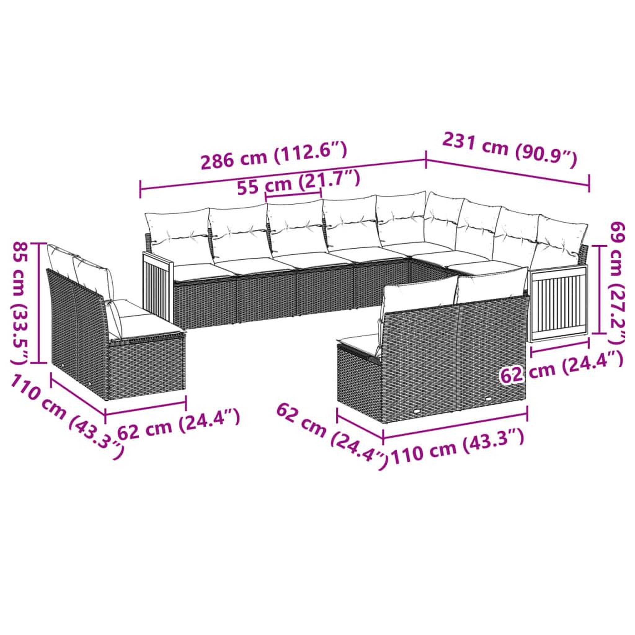Voir la diapositive 6 : VIDAXL Salon de jardin avec coussins 12 pcs beige resine tressee