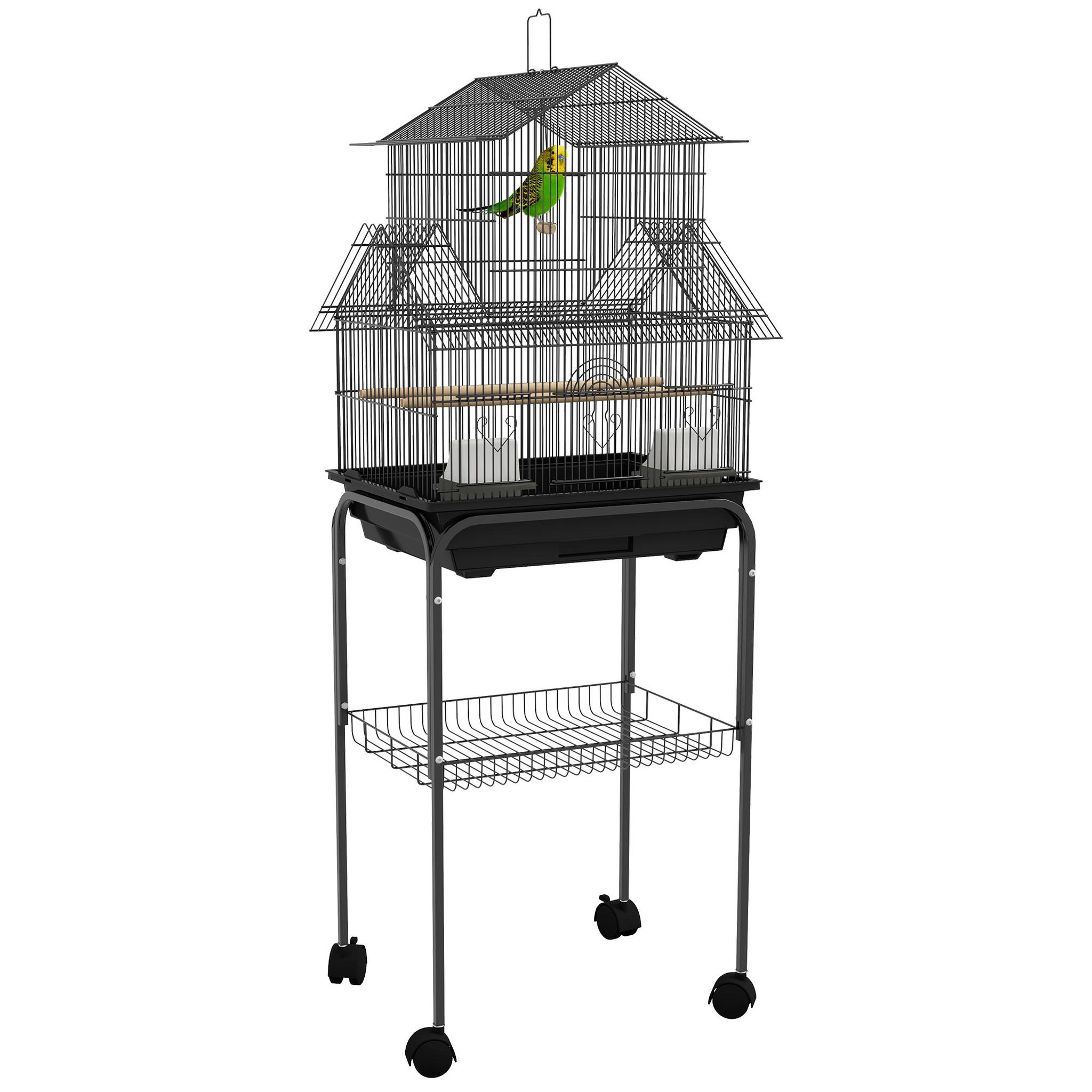 PAWHUT Cage à oiseaux design maison mangeoires perchoirs 3 portes plateau excrément amovible noir