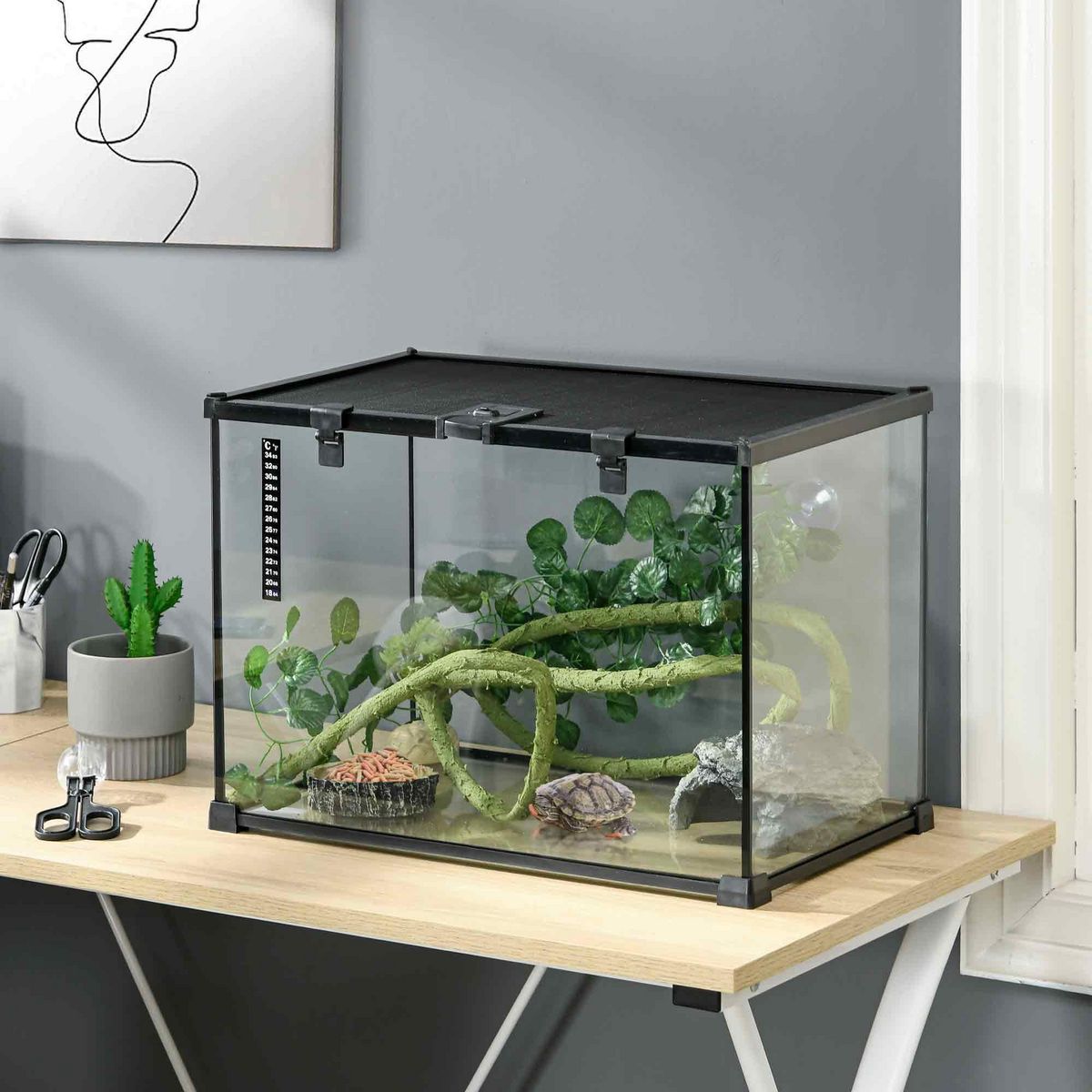 PAWHUT Terrarium verre transparent - couvercle treillis métallique coulissant verrouillable, trappe, distributeur eau, thermomètre - noir