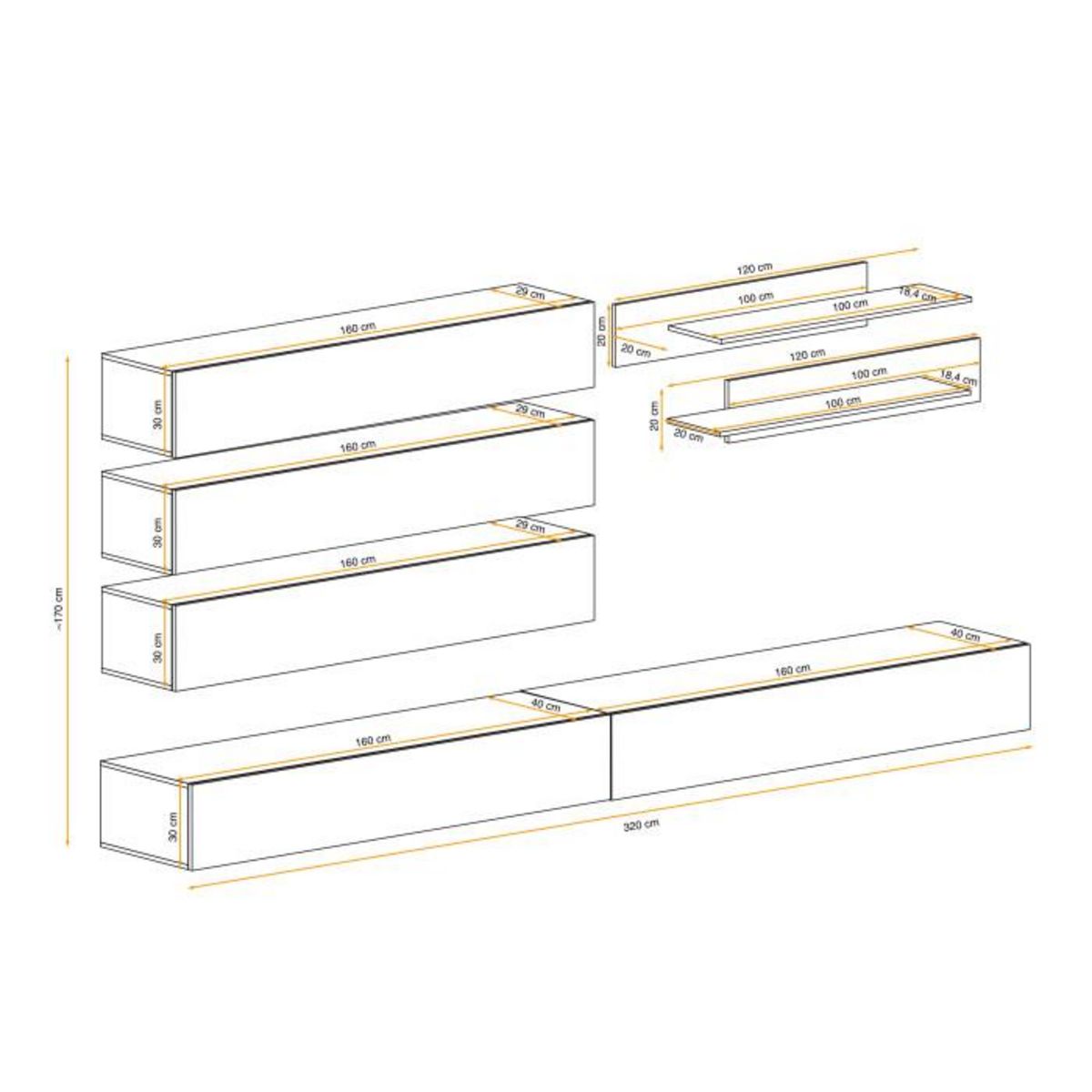 Paris Prix Meuble TV Mural Design  Fly IX  320cm Noir & Blanc