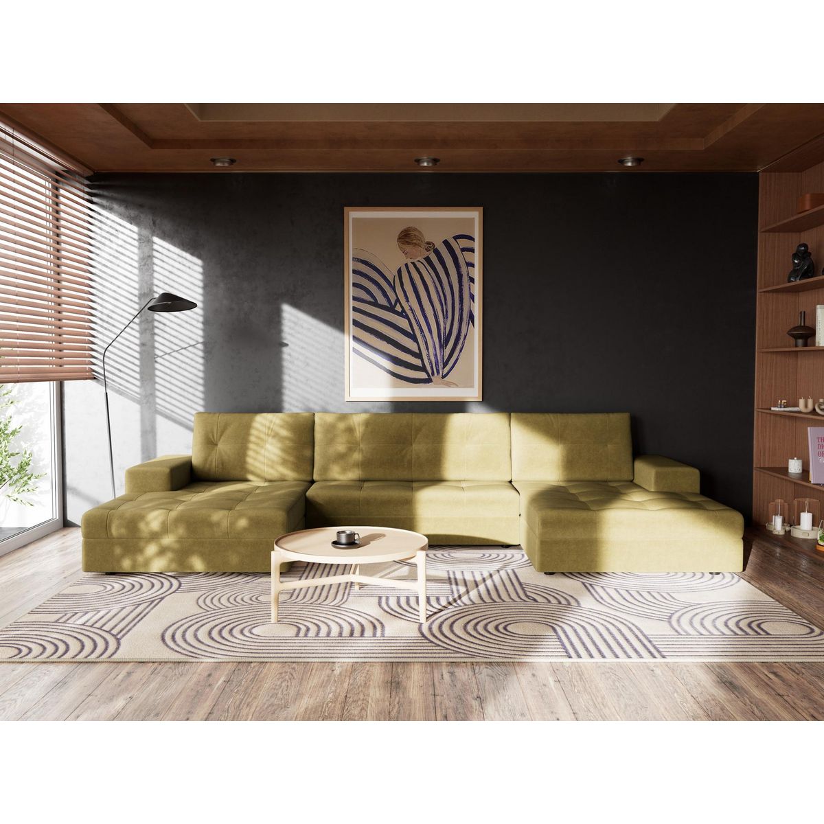 BEST MOBILIER Bastian - canapé panoramique en u 7 places convertible avec coffre en velours texturé