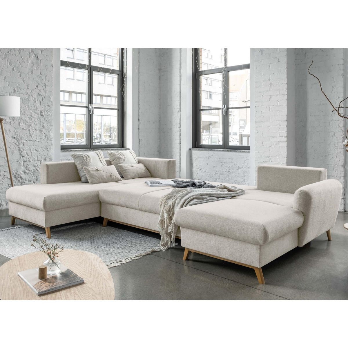 BEST MOBILIER Lagom - canapé d'angle panoramique - convertible - avec coffre - en tissu - 7 places - gauche