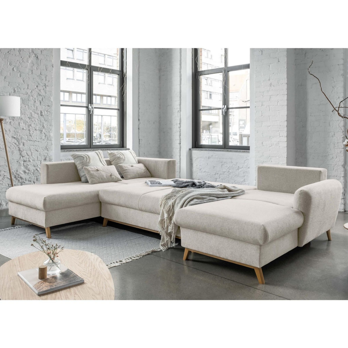 BEST MOBILIER Lagom - canapé d'angle panoramique - convertible - avec coffre - en tissu - 7 places - gauche