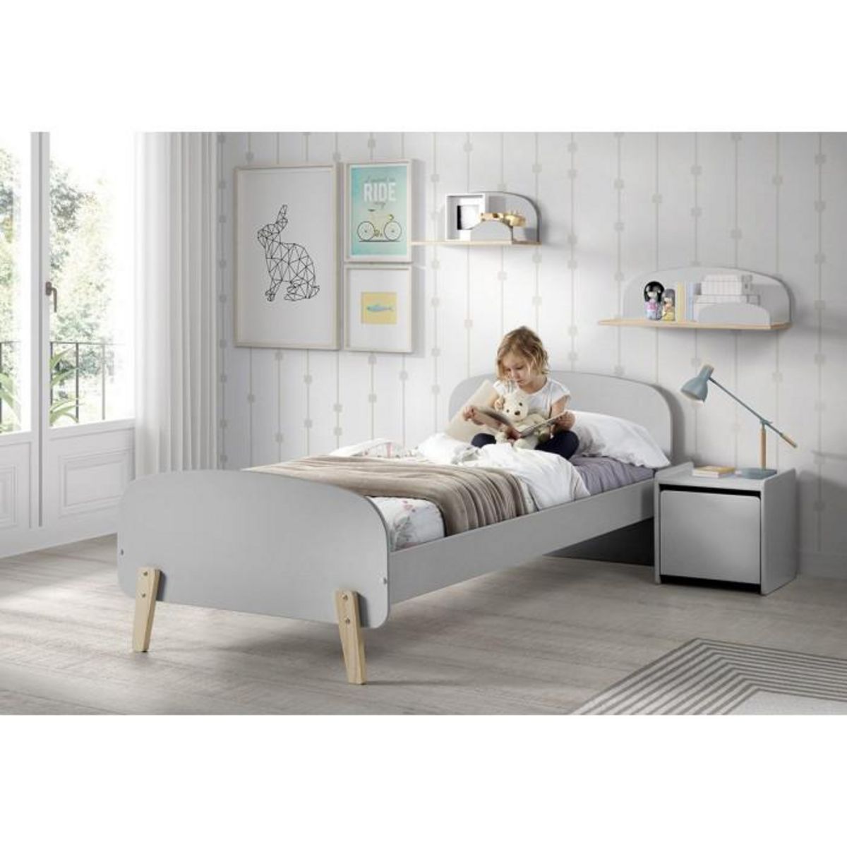 Paris Prix Pack - Lit Enfant, Chevet & 2 Étagères  Kiddy  90x200cm Gris