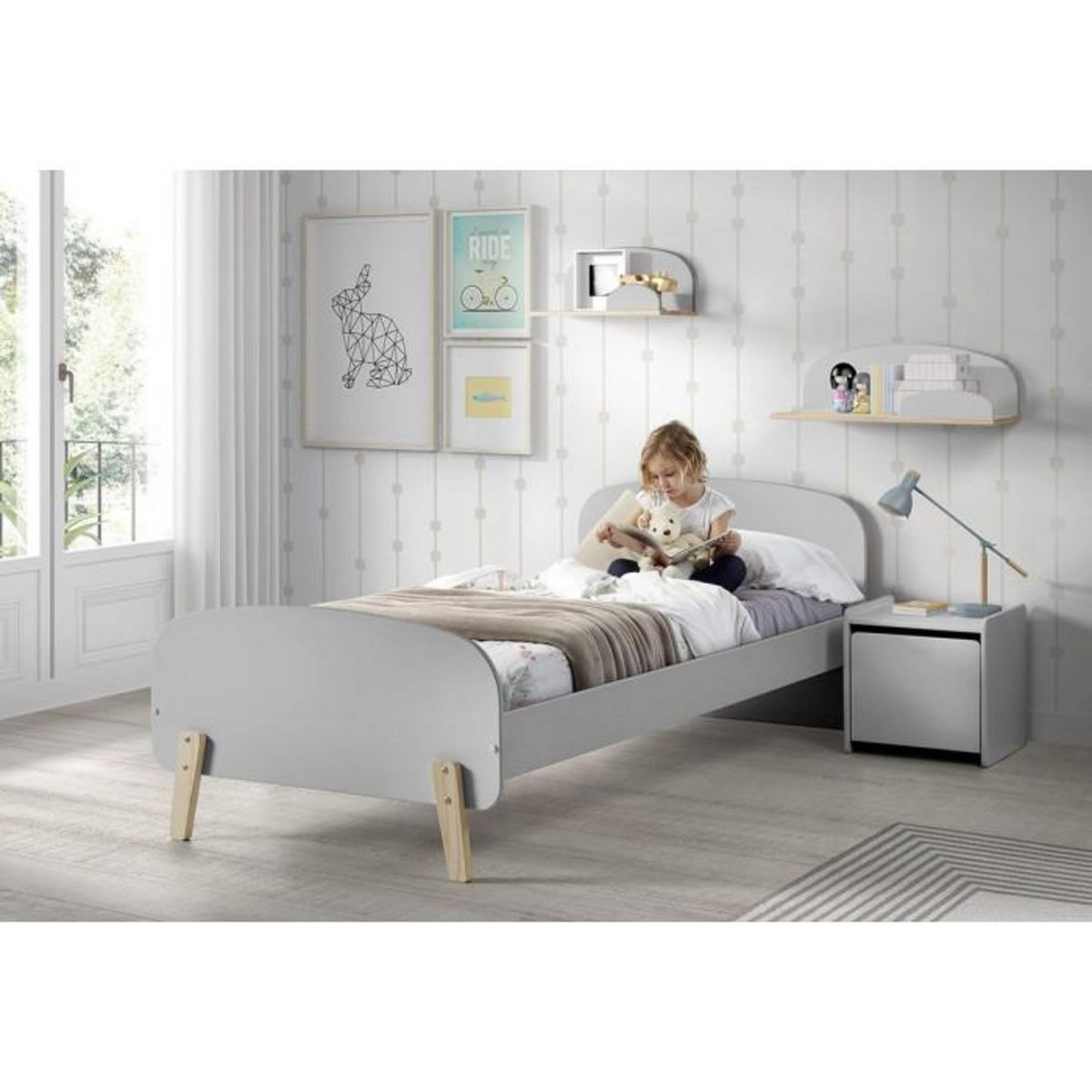 Paris Prix Pack - Lit Enfant, Chevet & 2 Étagères  Kiddy  90x200cm Gris