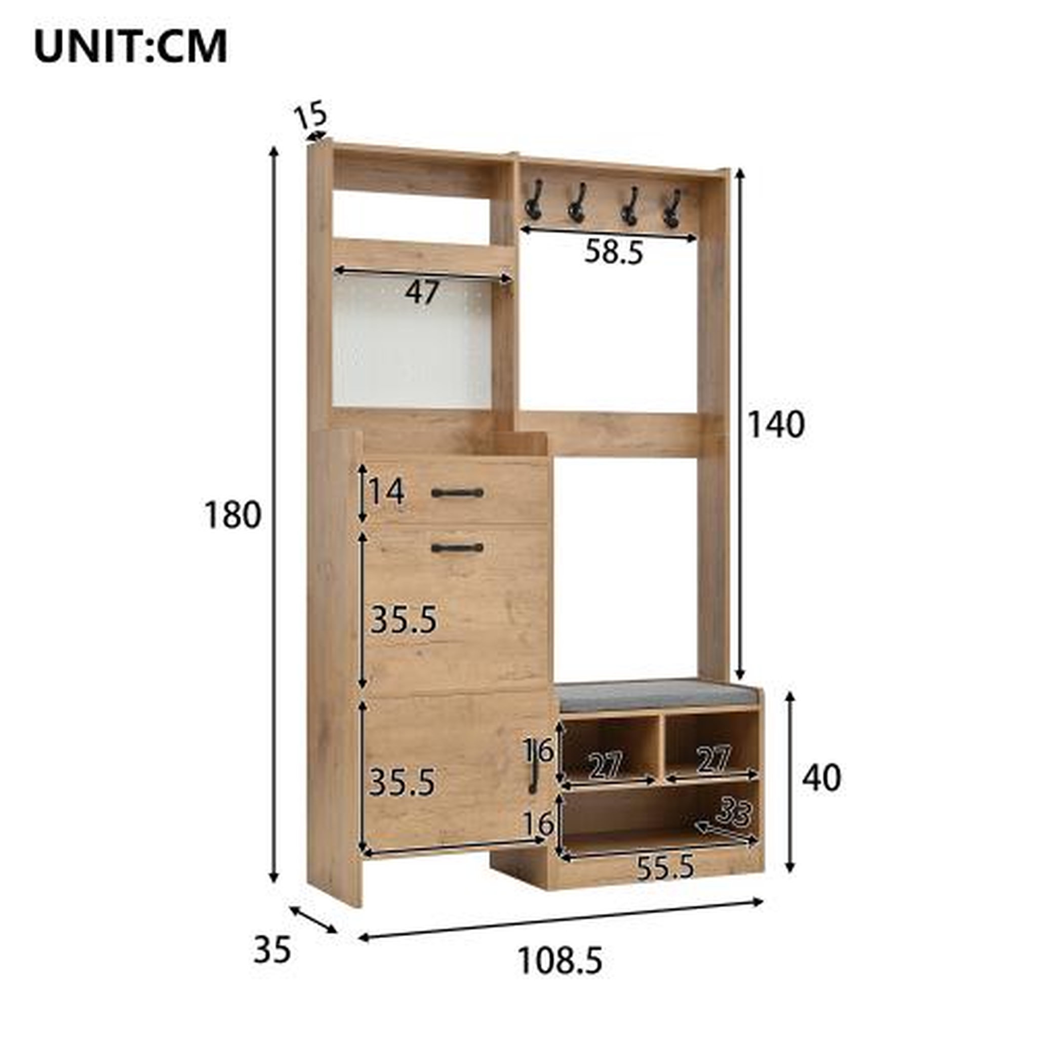 Voir la diapositive 3 : MERAX Vestiaire d'entrée avec banc et rangement chaussures 108,5x35x180 cm