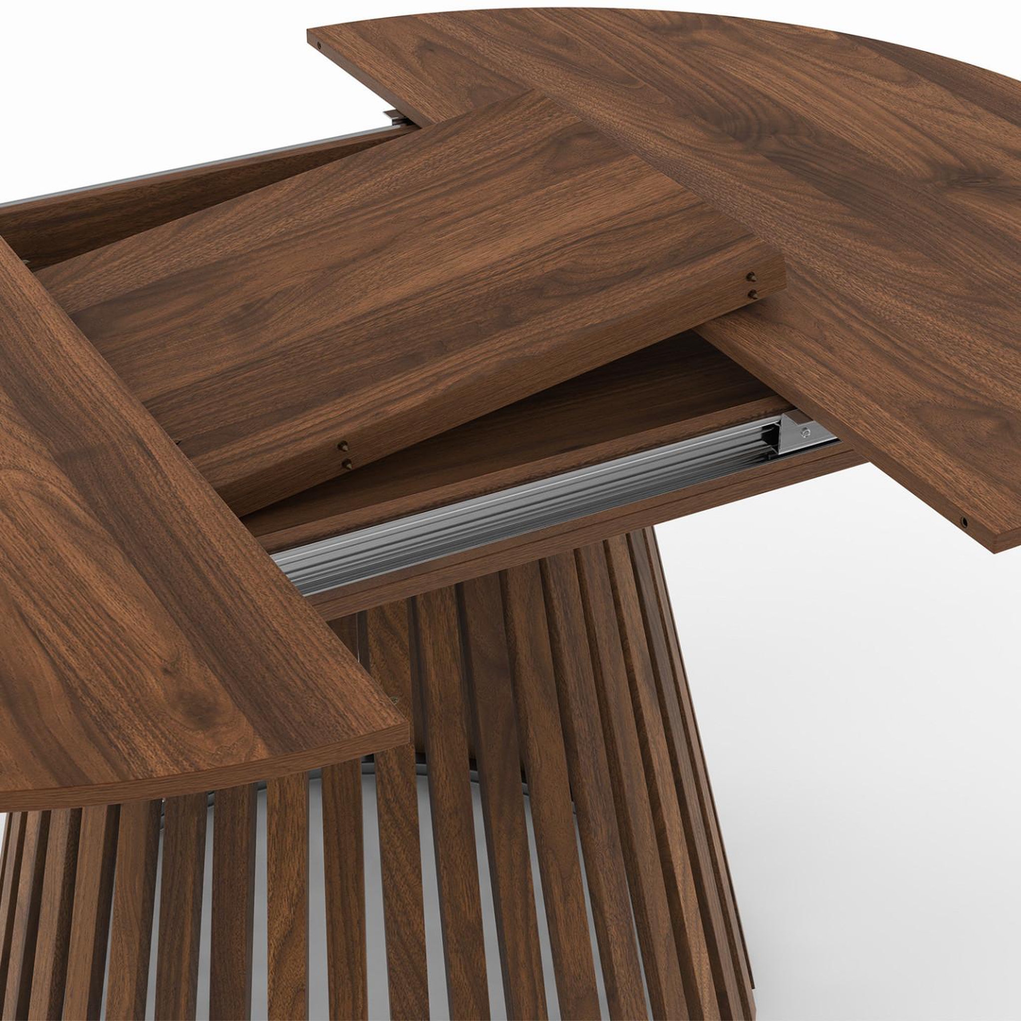 Voir la diapositive 6 : ID MARKET Table à manger extensible ronde carmen 4-8 personnes pied noyer en lattes et plateau noyer 110-150 cm