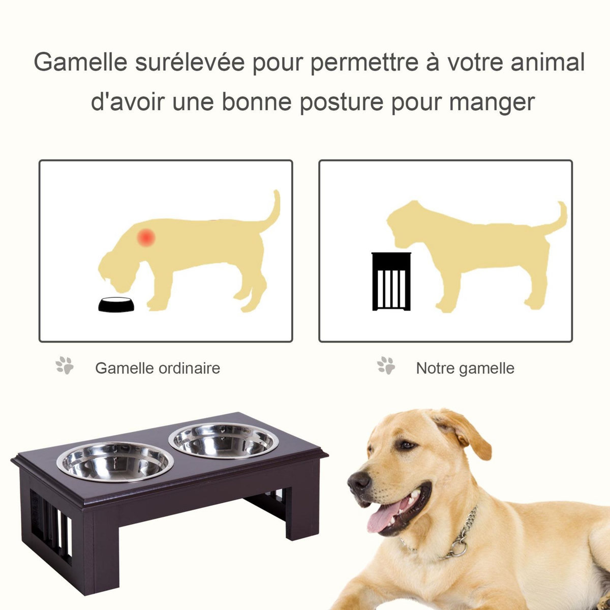 PAWHUT Gamelle double chien chat Porte-gamelles surélevé dim. 44L x 24l x 15H cm 2 gamelles acier inox. incluses MDF