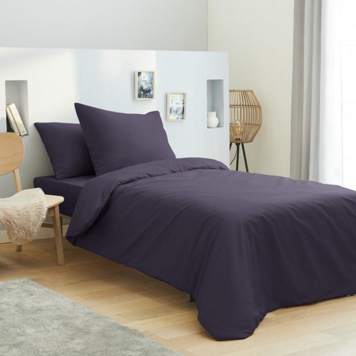 UNIVERS DECOR Housse de couette 140 x 200 unie prune 100% Coton / 57 Fils/cm²