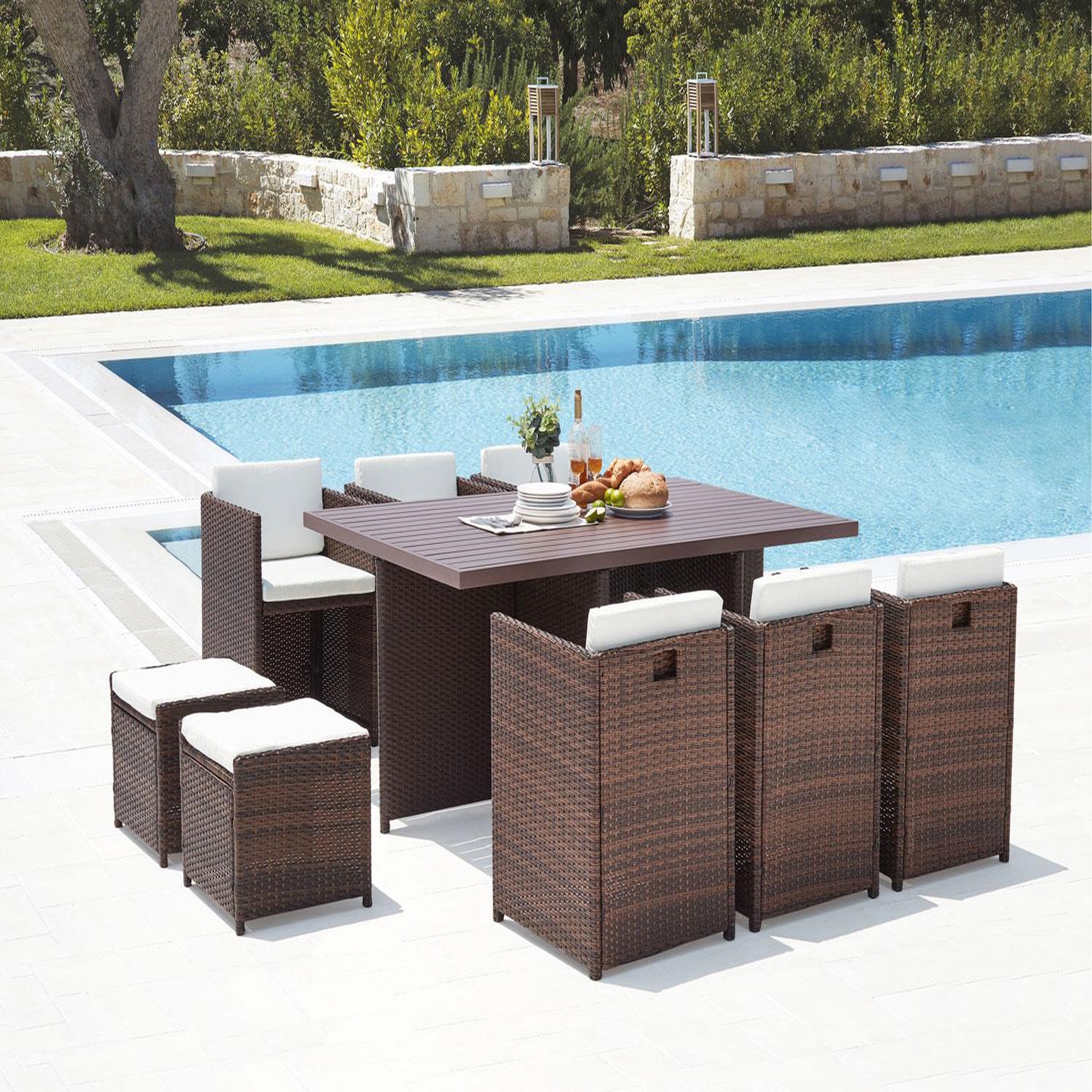 Voir la diapositive 2 : CONCEPT USINE Table et chaise 10 places encastrables alu résine marron-blanc sunset