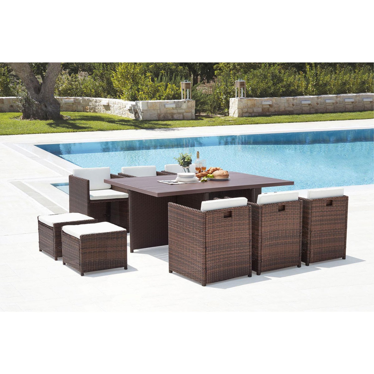 CONCEPT USINE Table et chaise 10 places encastrables alu résine marron-blanc SUNSET