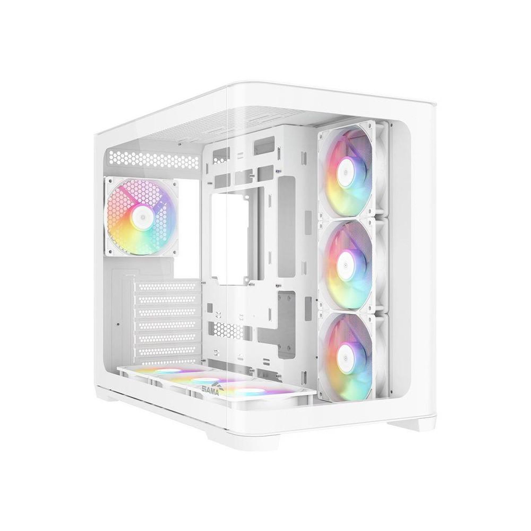 Boîtier PC cube blanc double compartiment avec verre trempé, 7 ventilateurs ARGB 120 mm PWM et support ATX