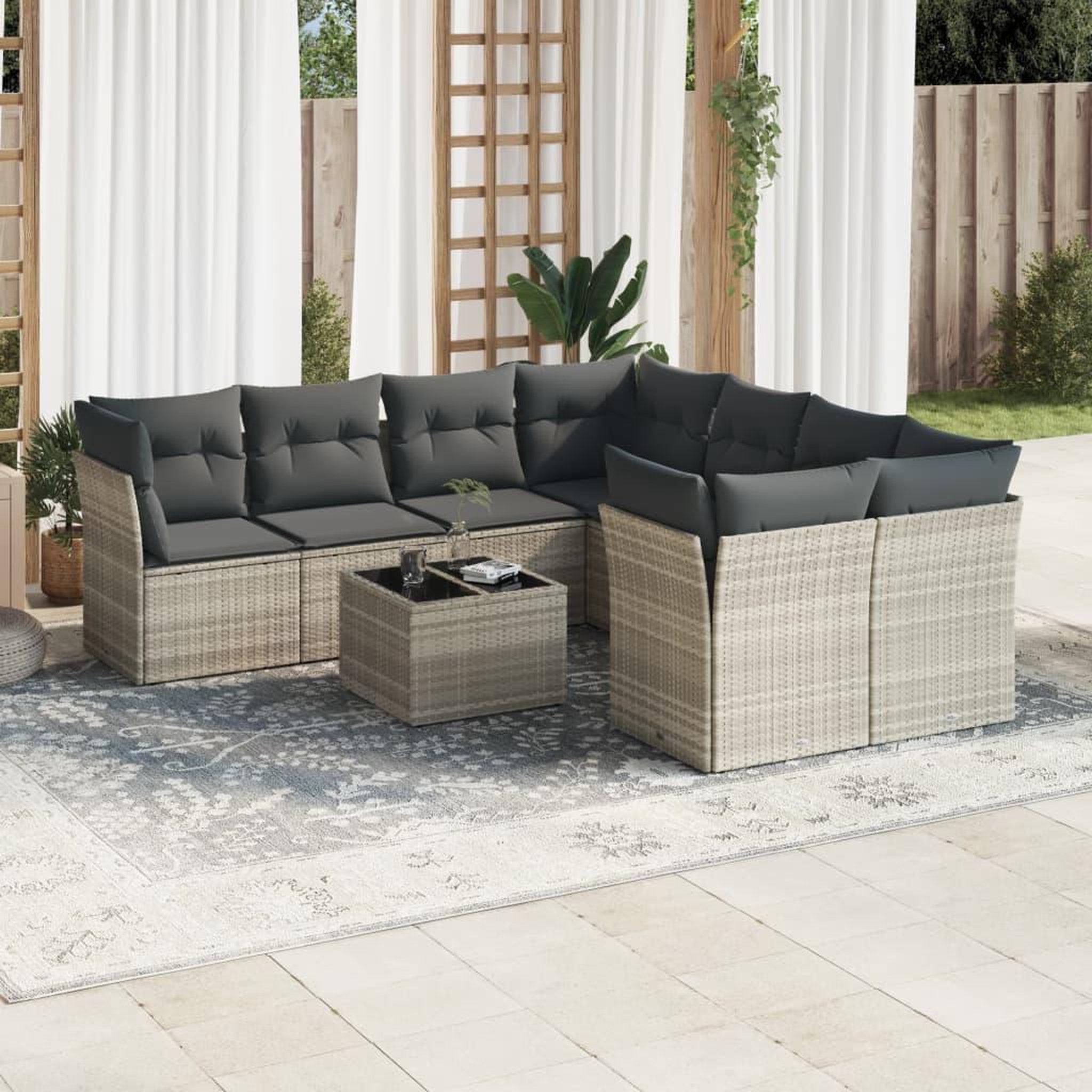 VIDAXL Salon de jardin 9 pcs avec coussins gris clair resine tressee