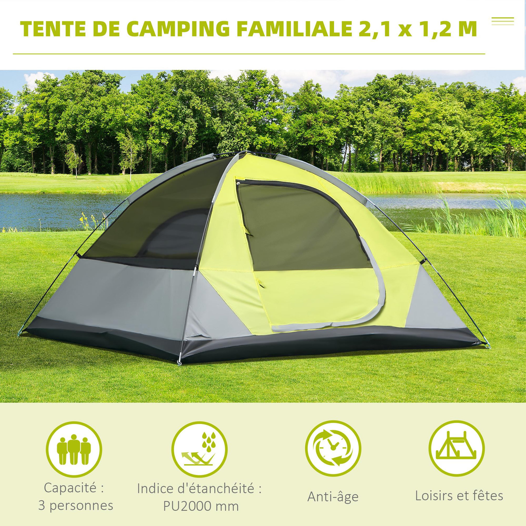 Voir la diapositive 4 : OUTSUNNY Tente de camping 3 personnes - portes zippées, poche rangement, sac transport inclus - dim. 210L x 210l x 119H cm - fibre verre polyester tissu Oxford gris vert