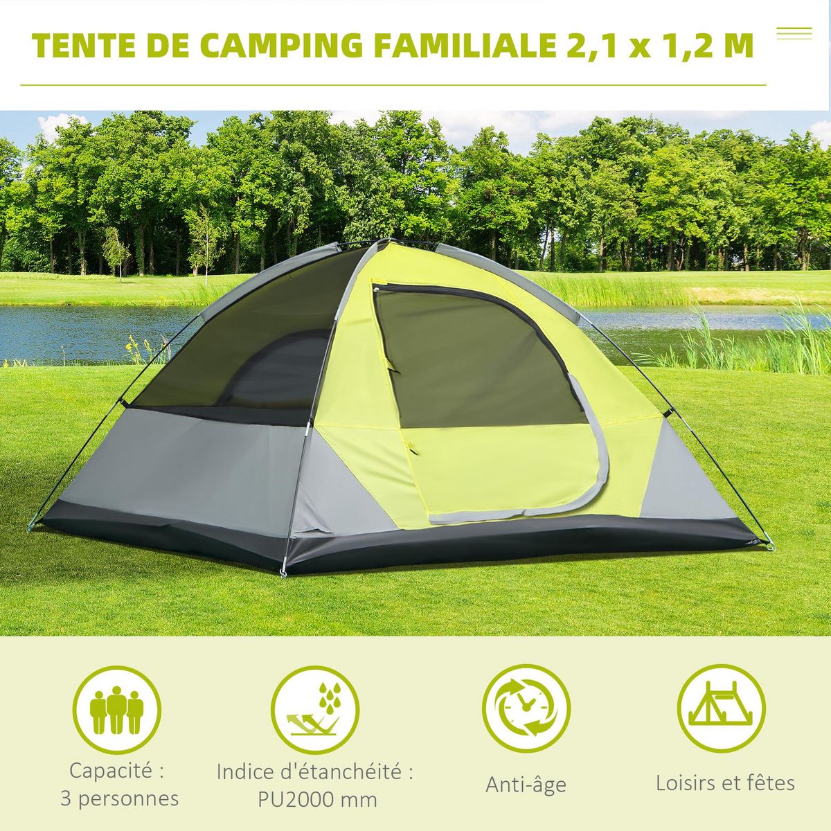 OUTSUNNY Tente de camping 3 personnes - portes zippées, poche rangement, sac transport inclus - dim. 210L x 210l x 119H cm - fibre verre polyester tissu Oxford gris vert